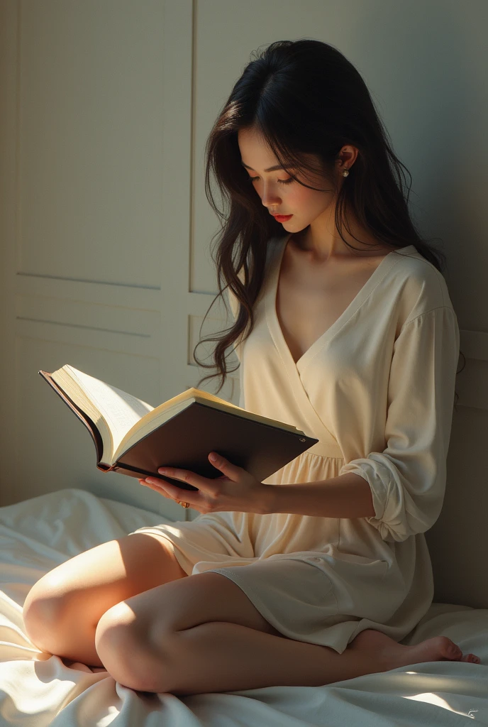 Create a woman sitting in bed reading a book