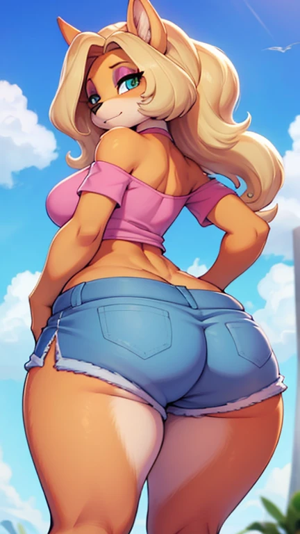 Tawna is wearing her pink shirt and blue shorts and she has a large ass 