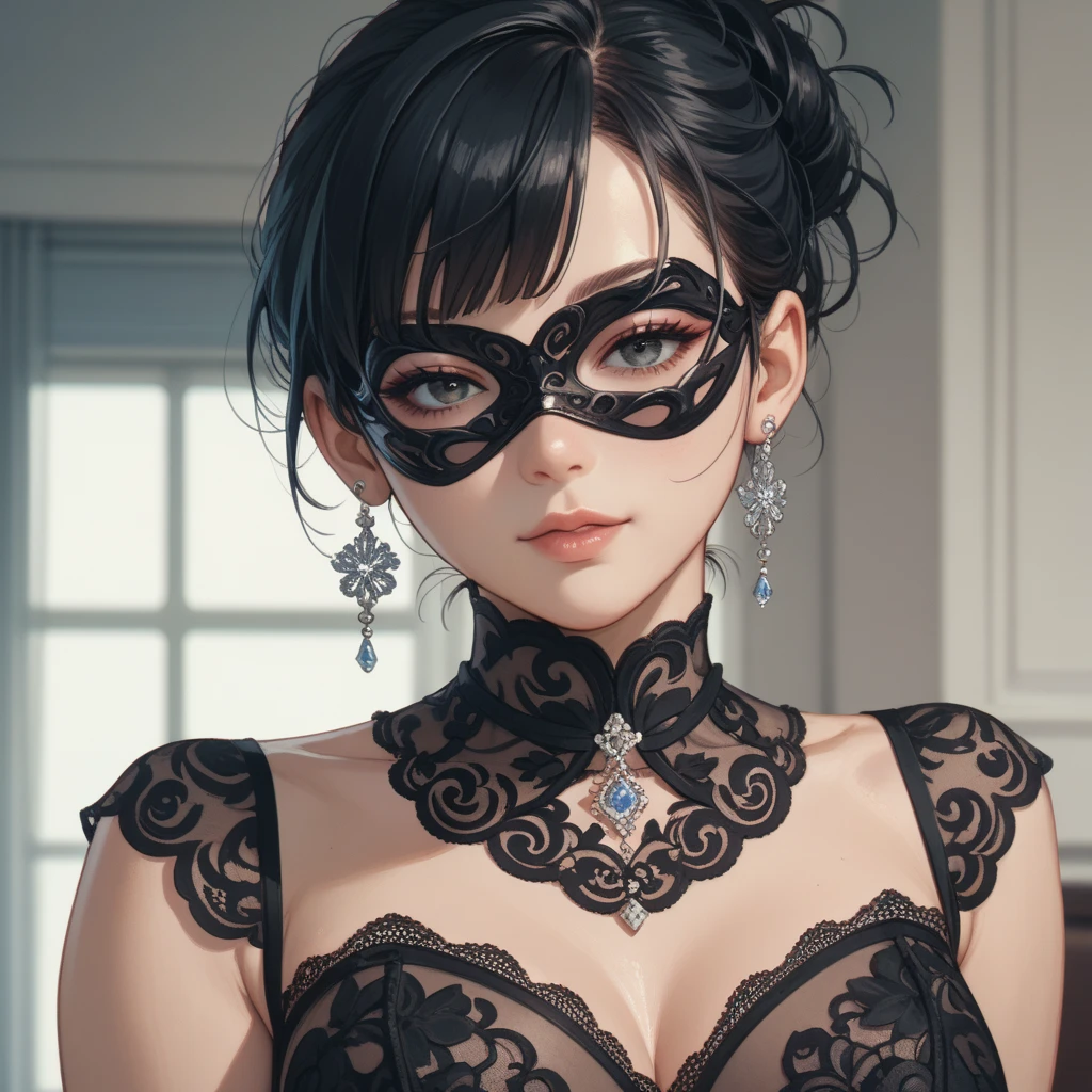 woman,  black hair, wearing eye mask in the color black with transparent lace ,  anime art 