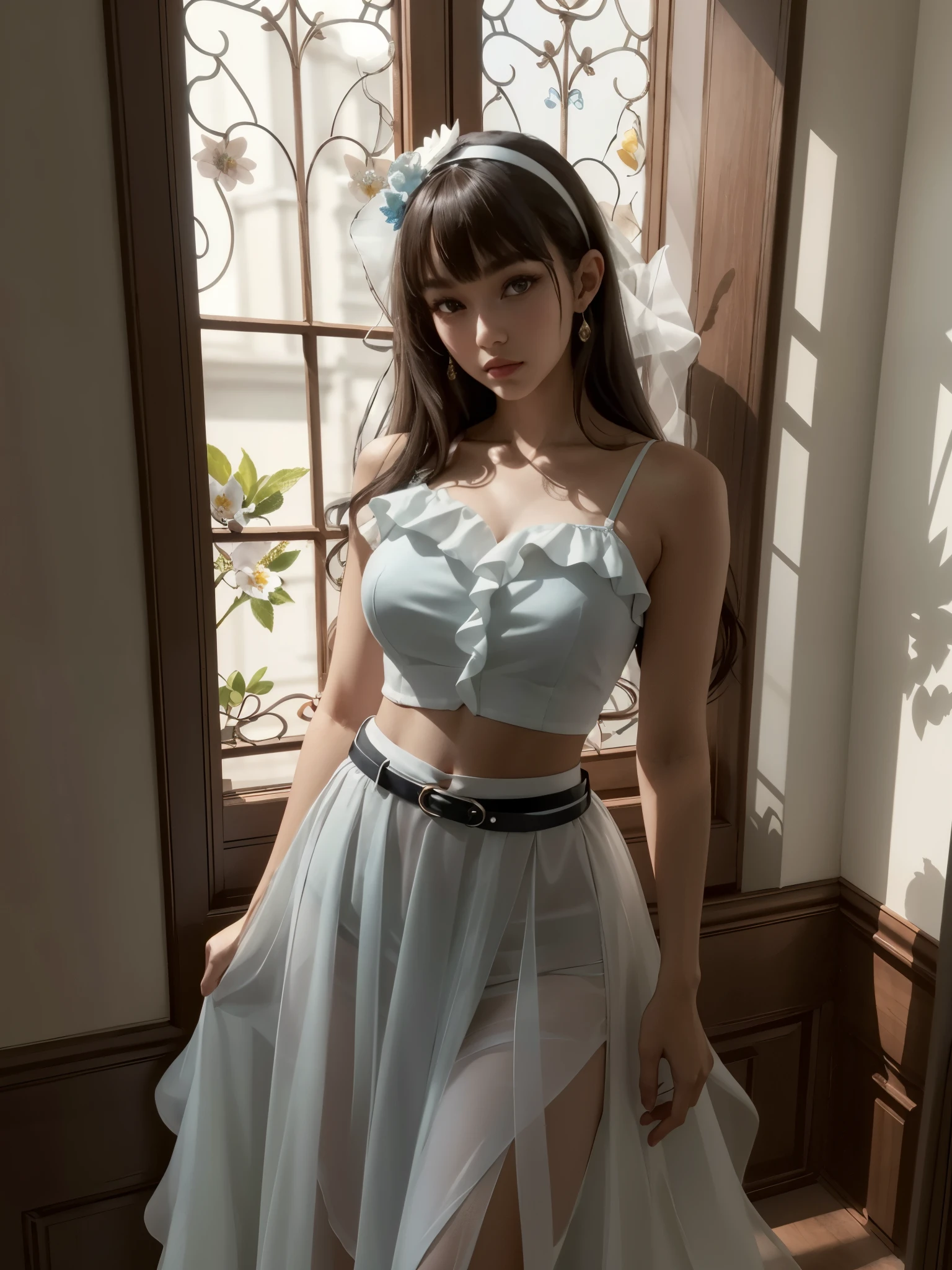 girl, from above, ruffle crop top, shoulder, long hair, bangs, hairband with flower accent, looking at viewer, see-through long skirt, long sash belt, ribbon details, direct light, fine shadow, stunning portrait, sexy, queen, beautiful, hyper realistic, backlight, exqusite, seductive, interior, ornate,