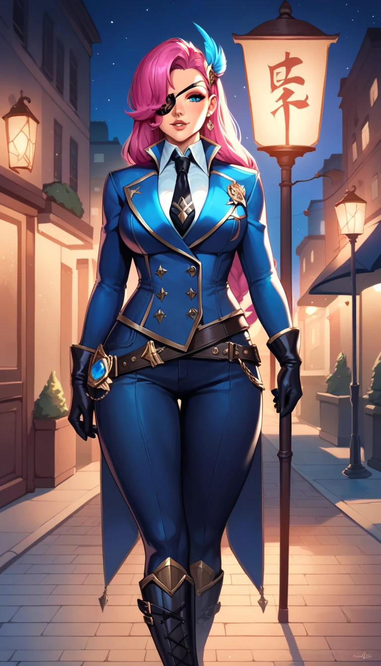 LesleyMLBB, 1girl, solo, Long pink hair, hair over one eye, eye patch, blue hairpin, blue jacket, white shirt, black tie, black gloves, dark blue pants, high black boots,night,street,huge breast,wide hips