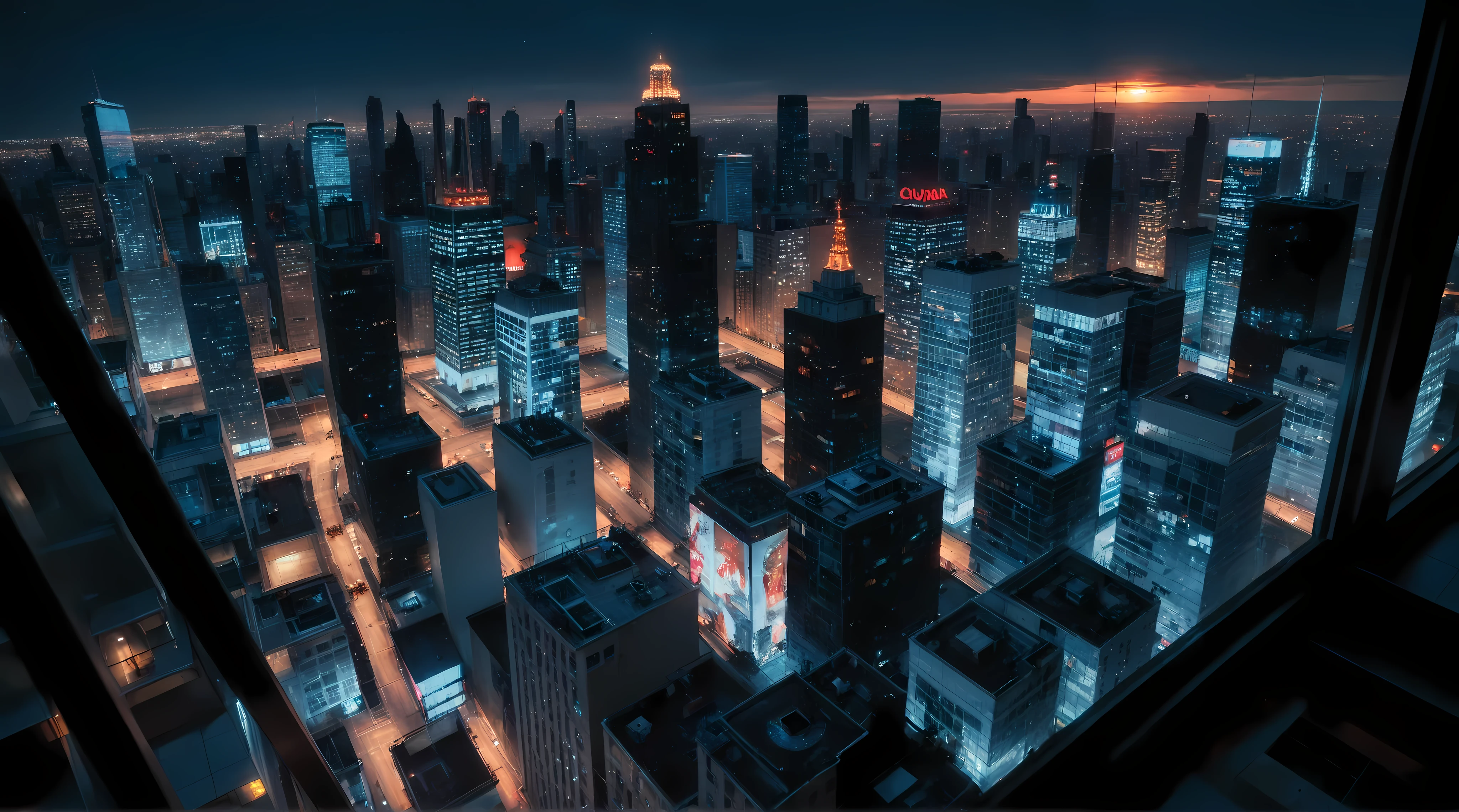 Bird's-eye view, city bird's-eye view, high rooftop view, night view of New York City, USA, urban landscape, cyber style, you can see the skyline in the distance, the sunset red sunset on the horizon, a close-up of a building close to the right of the camera, UE5 rendering, 3D rendering, LUMEN light and shadow rendering