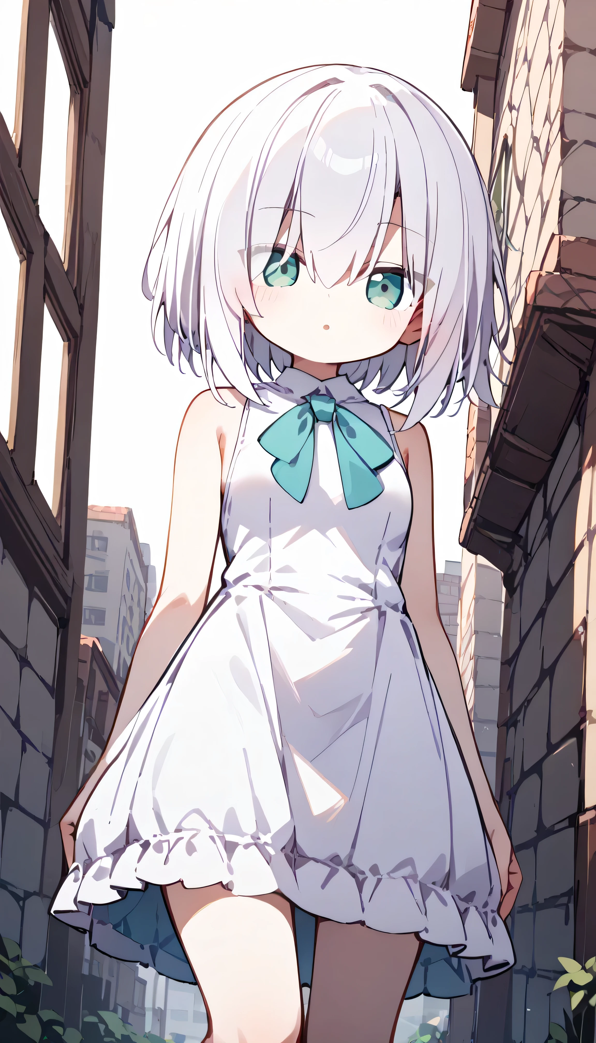 Emerald green eyes, white hair, eyes visible through hair, short hair alone, eyebrow visible from inside hair , hair between eyes, white simple dress fantasy Outdoor In the city Cobblestone floor Brick wall city