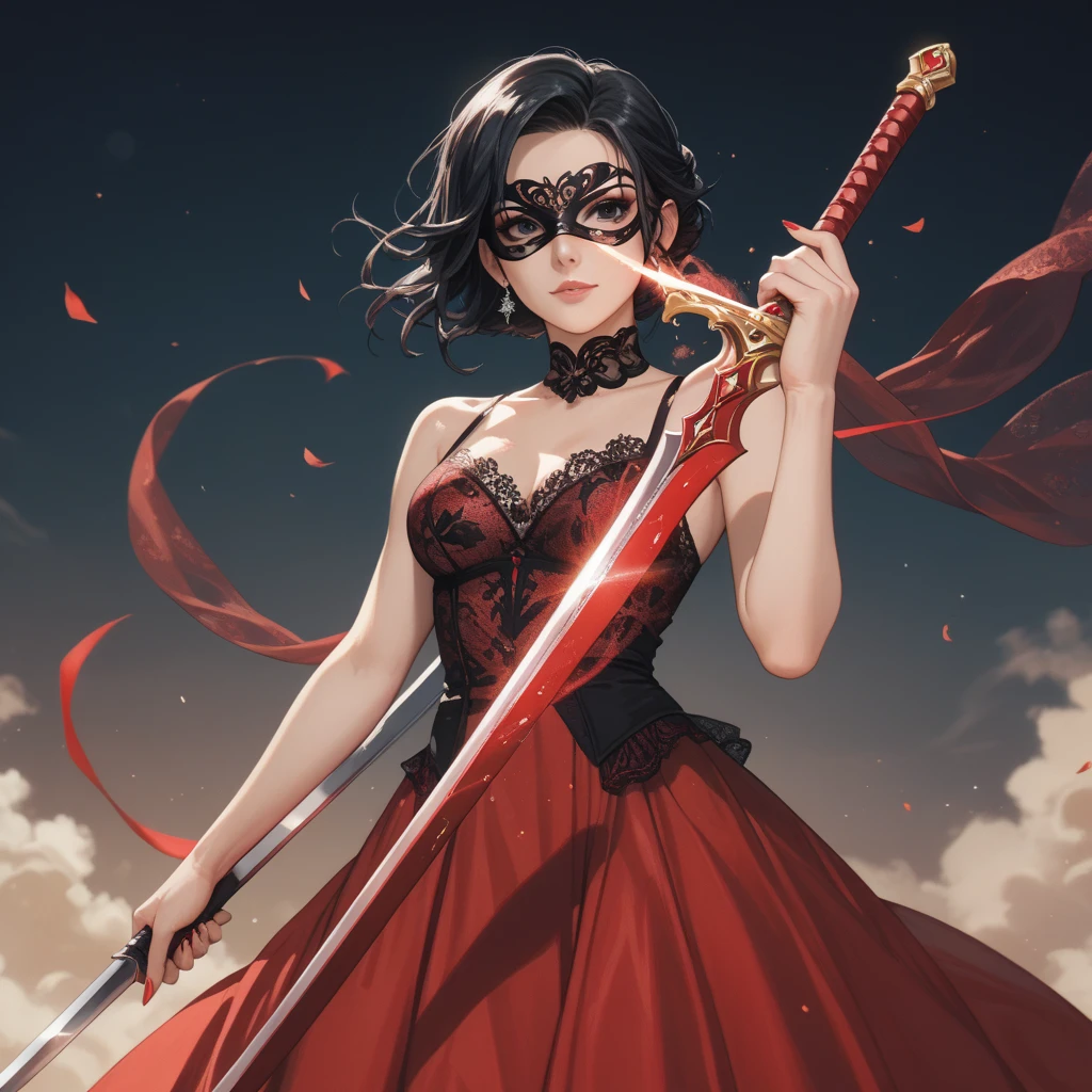 woman,  black hair,  wearing black eye mask with transparent lace, wearing black Xianxian dress ,  holding a magic scarlet sword ,  anime art 