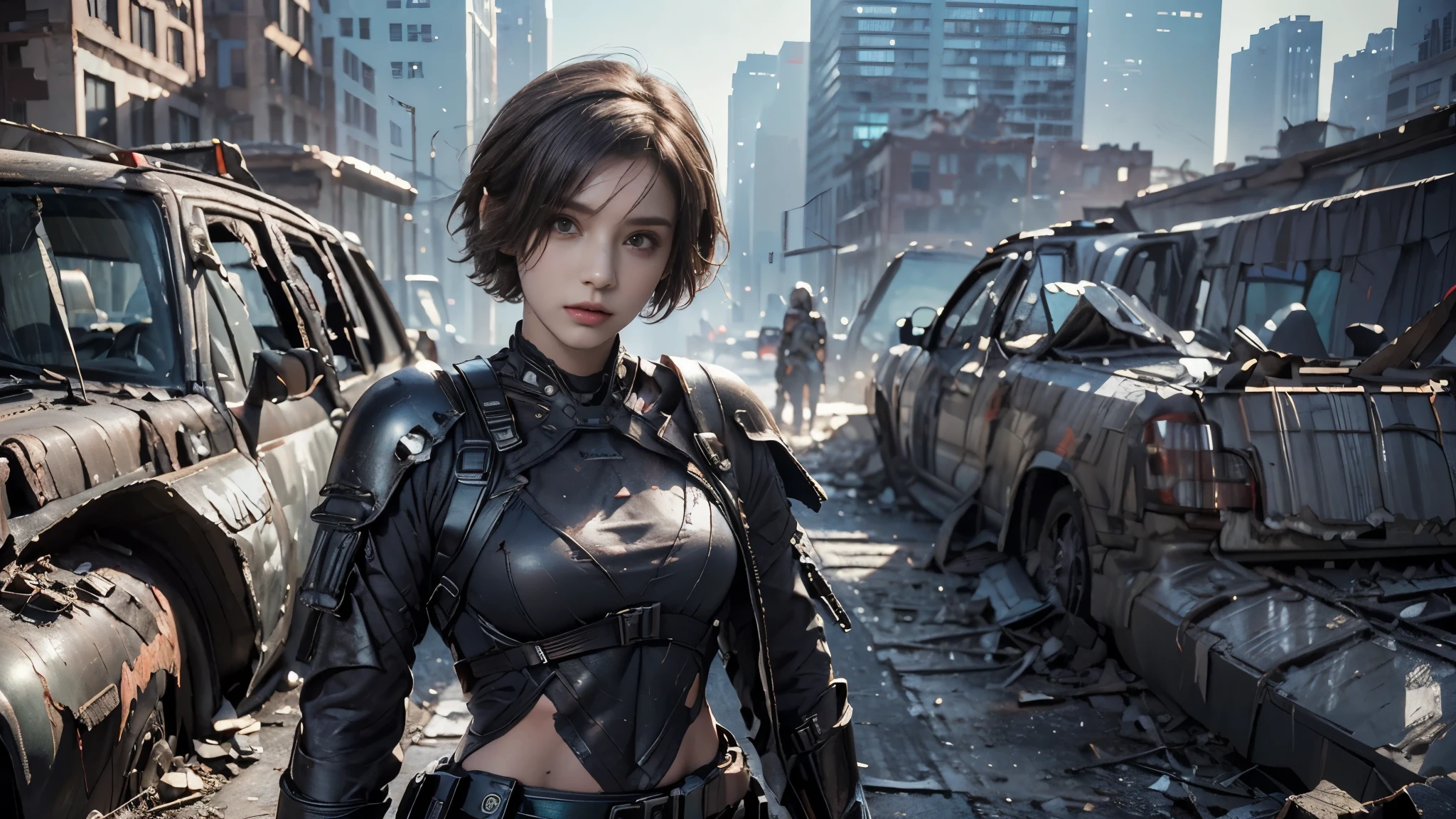 masterpiece, High Resolution,8K,( Portrait Photos:1.5),(R Original Photo),Reality,Digital Photography,(Ruins of the Apocalypse ),City ruins,20 year old pretty female ,Short hair,Shut up, post-apocalyptic scene , Upper body photography ,Damaged Armor, Sexy Body