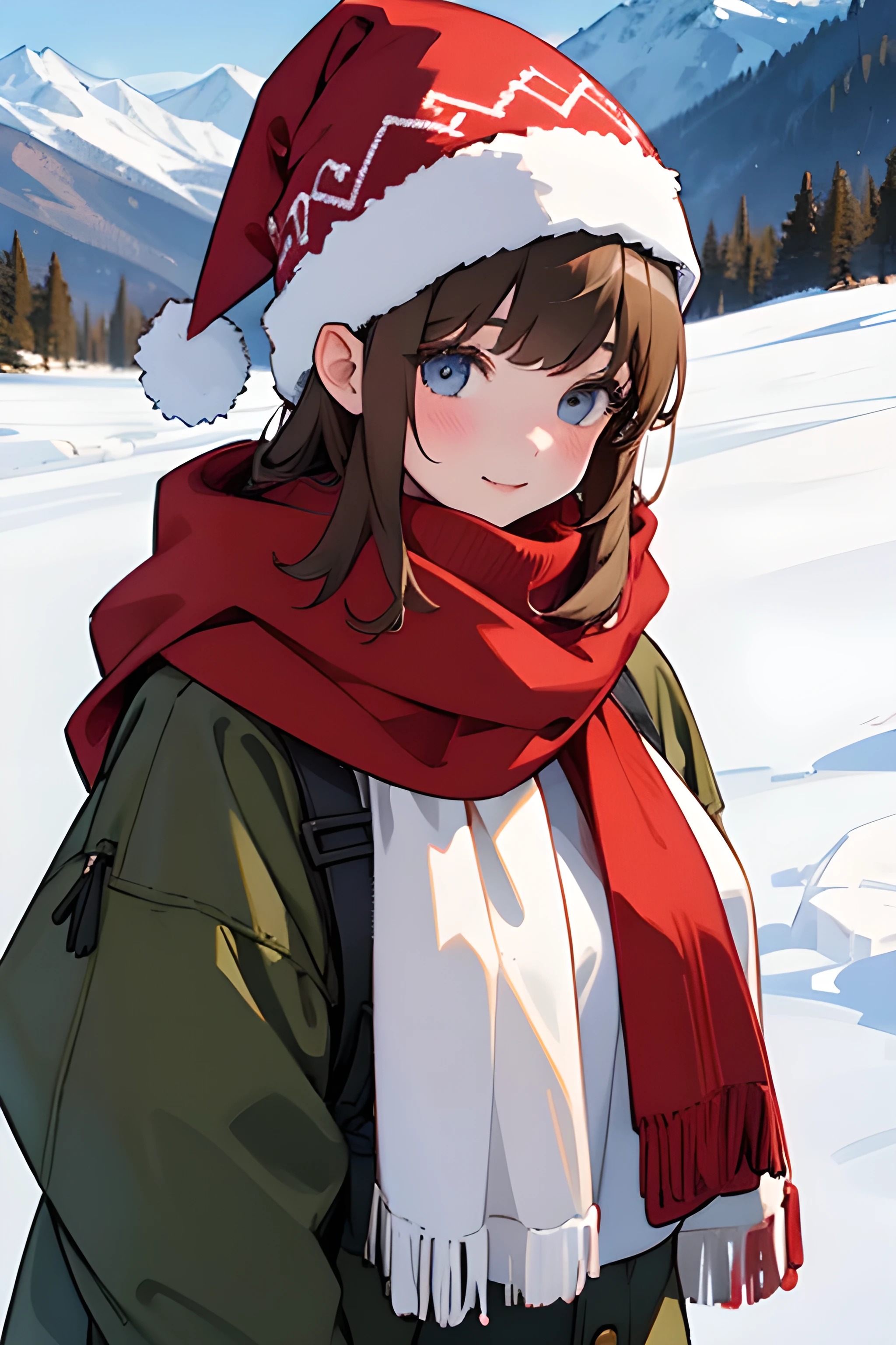 girl in a new girl in a New Year's look in the mountains. She is wearing a Christmas hat годнем образе в горах. She is wearing a Christmas hat