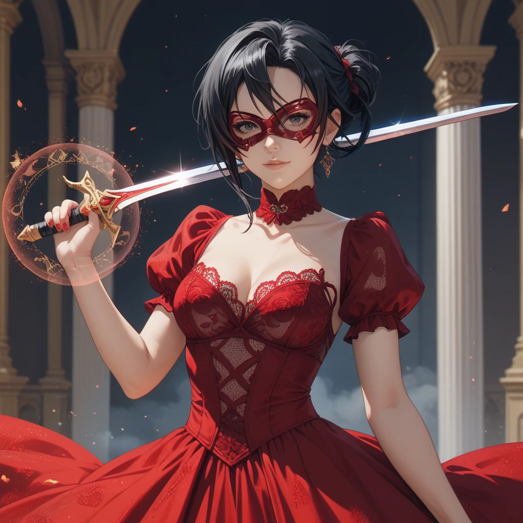 woman,  black hair, wearing eye mask in the color black with transparent lace, wearing black Xianxian dress ,  holding a magic scarlet sword ,  anime art 