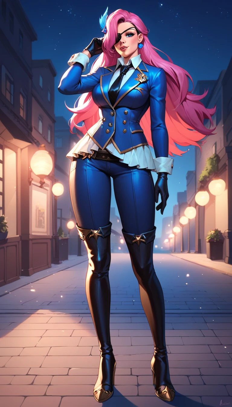 LesleyMLBB, 1girl, solo, Long pink hair, hair over one eye, eye patch, blue hairpin, blue jacket, white shirt, black tie, black gloves, dark blue pants, high black boots,night,street,gigantic breast,wide hips