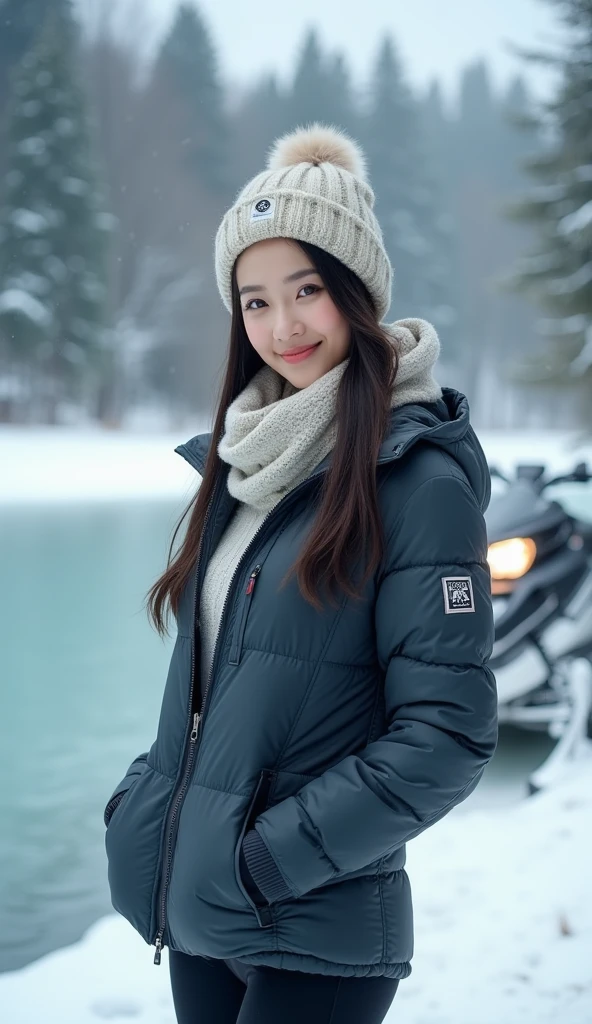 documentary photo, realistic photo, ultra-realistic, very beautiful Japanese, famous Japanese idol, beautiful face, cute face like an idol, beautiful eyes, (hip focus:1.5), (wearing very sporty outdoor outfits:1.2), Woolly hats and scarves, (she is about to ride a snowmobile:1.8), at the side of the frozen lake in the deep forest, dynamic angle, (very large breasts), (latest sporty Yamaha snowmobile:1.3), smile