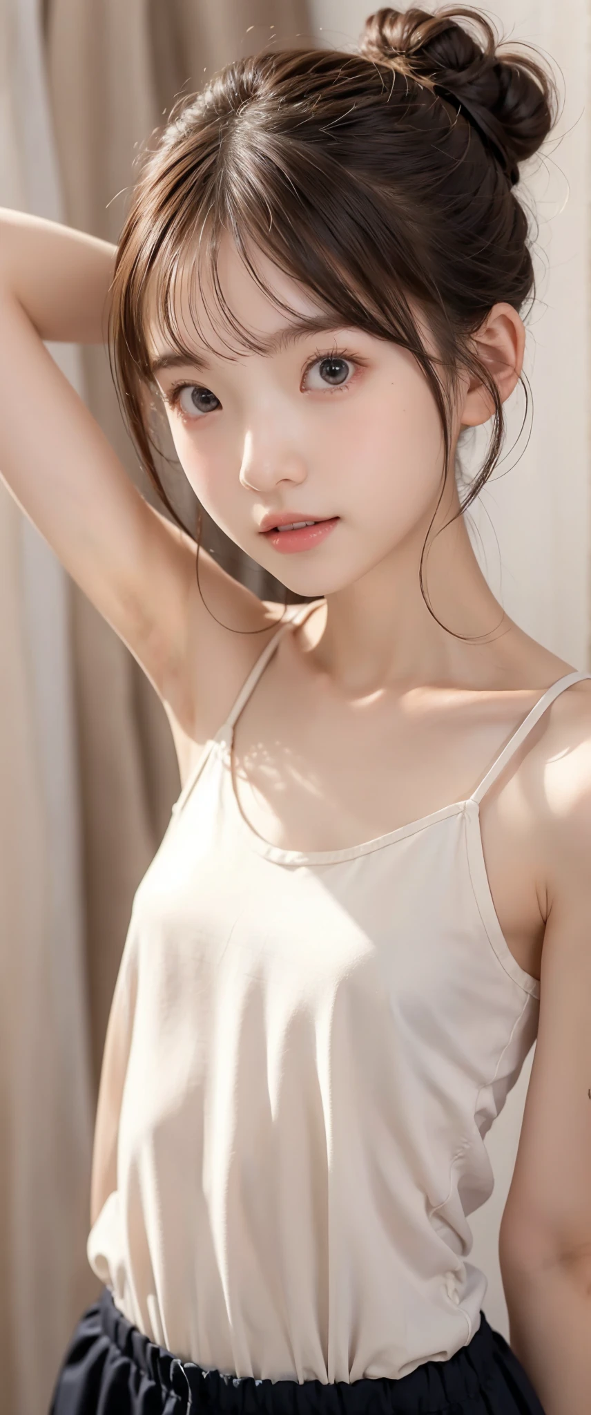  cute girl, bun hair , brown hair ,delicate,masterpiece,underarm,Thin arms, slender body 