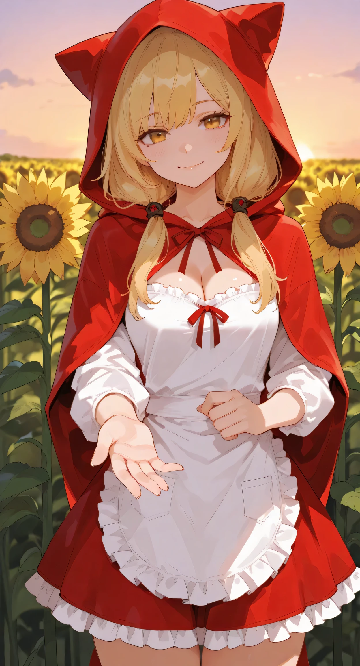 masterpiece, best quality, 1girl, solo, looking at viewer, dfKirara, twintails, blonde hair, hair ornament, little red riding hood, red hood, hood, hood up, red skirt, frills, cleavage, sunflower field, outdoors, wind, beckoning, reaching towards viewer, cowboy shot, apron, sunflower, sunset, closed mouth, smile