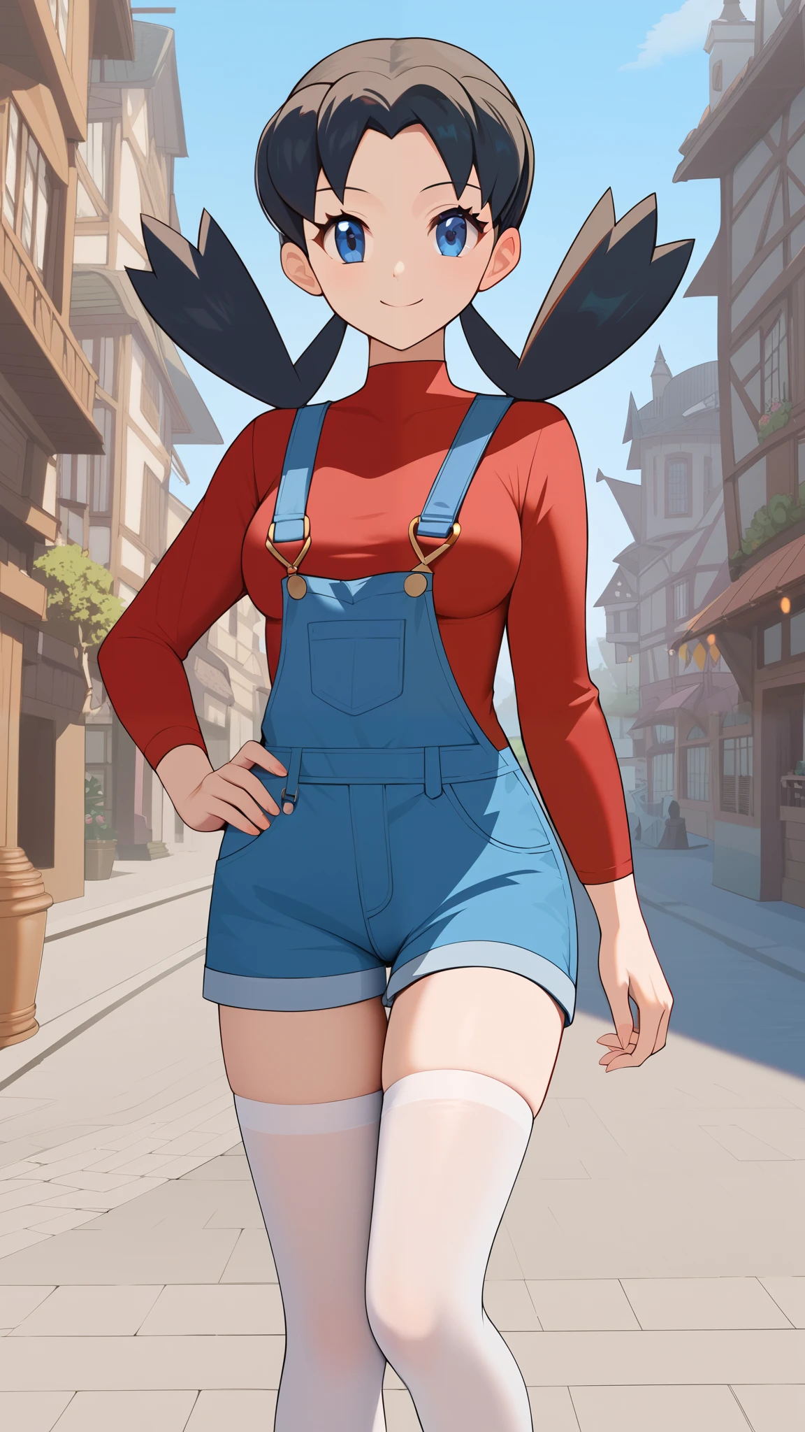 (( top quality )), ((masterpiece)), ( Details), 1girl,  sexy, blue-black hair color,  Twin Tails ,  long hair,  blue eyes, red long sleeve shirt , blue shorts overalls,  white knee-high stockings reflective on glass floors, Thighs,  absolute domain,  Tall,  ANIME COLORING BOOK,  Watch viewers, 1 Female, Age 18,  standing with different breasts , whole body, Place one hand on hip,  slim figure,  sexy smile,  seductive smile, Ample breasts, orange laces , Outdoor, town, (\ Pokémon\),  score_9,  score_8_Excellent,  score_7_Excellent,  score_6_Excellent,  source_Anime,  cell shading ,  Flat Color , vector, Two legs, two arms,