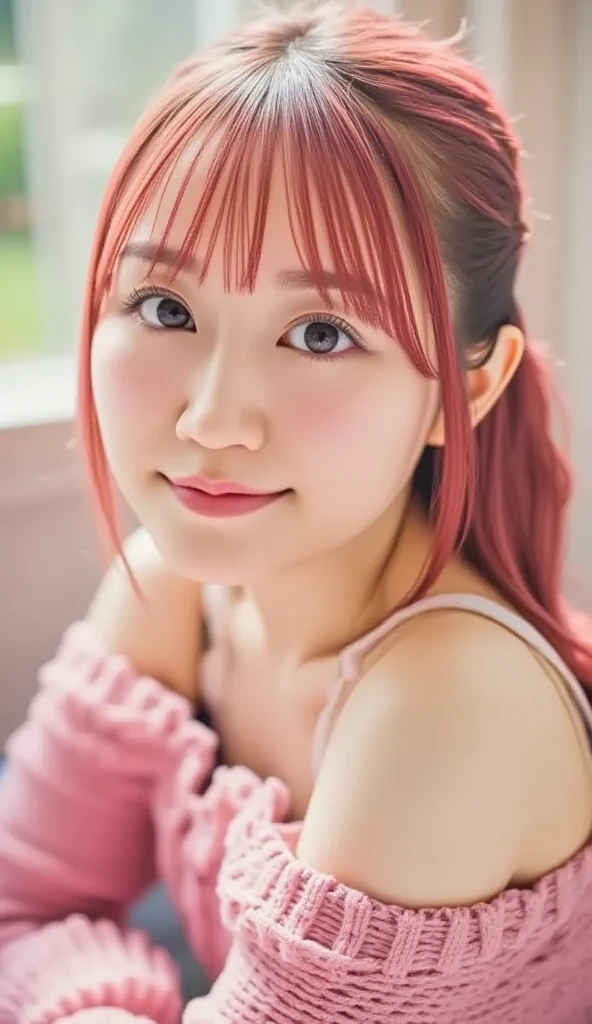 (8K、top-quality、masterpiece:1.2)、(reallistic、Photorealsitic:1.37)、The ultra-detailliert、女の子1人、18year old、Medium chest、Beautie、Beautiful and perfect face、cowboy shot、Natural smile、独奏、holiday、Bustling street、shopping、Fashionable clothes、Redness of the nose)、(A smile:1.5)、(With mouth closed) 、beautidful eyes、(long:1.2)、Floating hair 、Middle hair、Pink Hair Medium Hair, (Pink hair), Ear Hair, small tits, Single braid, (Single braid), (Side braid),Checked shirt