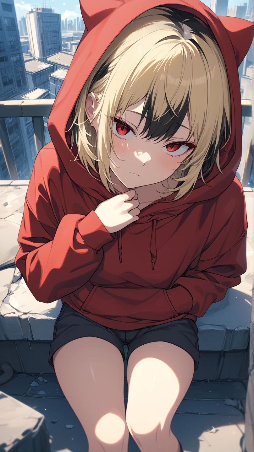  8K ultra HD,  soft lighting ,  High Quality ,  Film Grain,  FUJIFILM XT3、最 High Quality , masterpiece,  high definition , Detailed faces
In the city
1 girl, Blonde,  short hair, Anime Coloring ,  multi-colored hair ,  Bicolor Hair (Blonde),Snake&#39;s Eye( red eyes),Black hair on top of head ,straight hair
Tops (Red hoodie)Bottoms(Shorts),Up to the thighs, with a little bit of sadness, No Emotion,My hands are in my hoodie pocket , has her hands stuck in her pockets,knees, closeup 