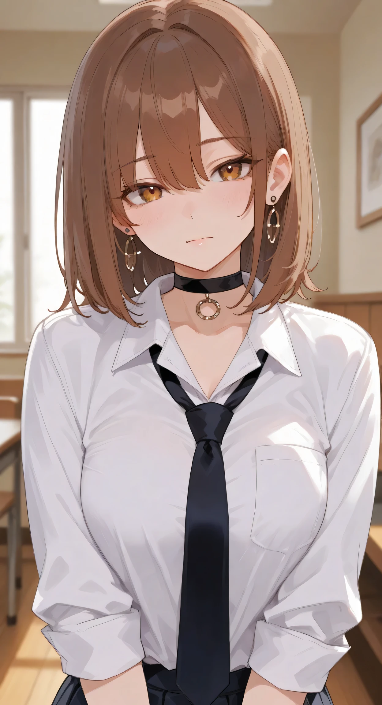 dandadan, 1girl, jewelry, earrings, solo, choker, brown hair, hair between eyes, blush, looking at viewer, blurry background, blurry, shirt, collared shirt, black choker, indoors, white shirt, school uniform, closed mouth, red eyes, bangs, necktie, medium hair, Momo