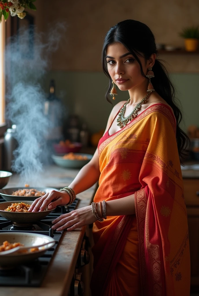 Marathi woman, curvy hourglass body, in Desi kitchen 