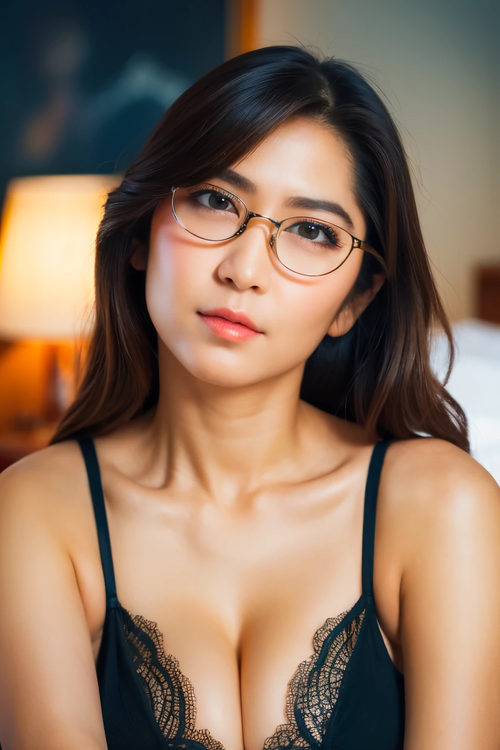 30 years Old, Indonesian mature woman with glasses, Large : 96.9, Full body, grey Tank Top, curvy body, have a big Breast almost about To burst out from her clothes, at hotel room, Dark light, at Nighttime.