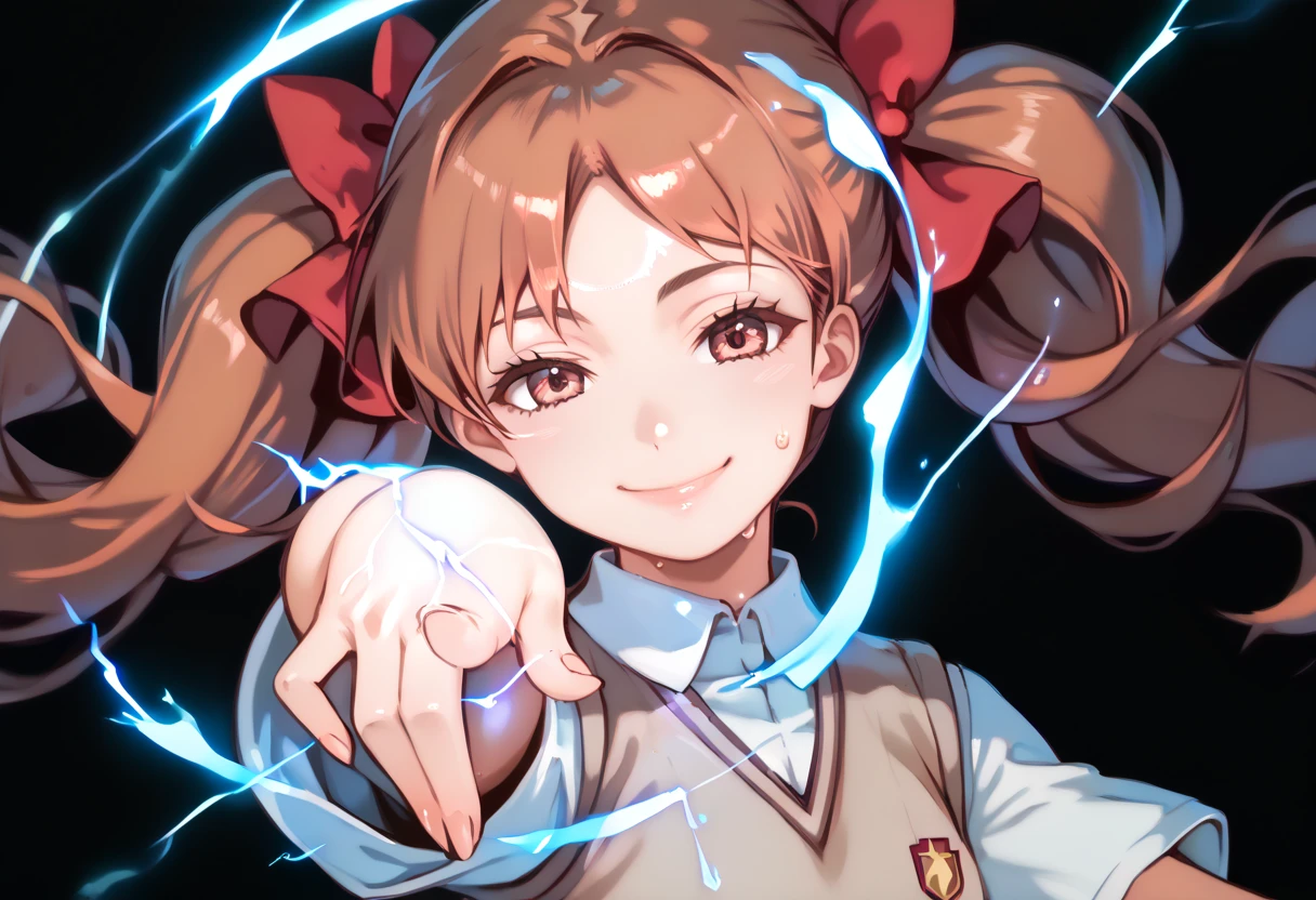 kuroko shirai, brown hair, long hair, parted bangs, brown eyes, ringlets, twintails, hair bow, bow, red bow,,tokiwadai school uniform,sweater vest,school uniform, upper body,shirt,flower,score_9, score_8_up, score_7_up, ,perfect hands, perfect finger,perfect anatomy, masterpiece, best quality,realistic, hyperrealistic, 16k hdr,1 mature female,black background,sweat,(pointing electricity:1.2), facing viewer, looking at the viewer, electricity, electrokinesis,(happy smile:1.5),(strong wind:1.3),(tilt head:1.5),(aura:1.5)