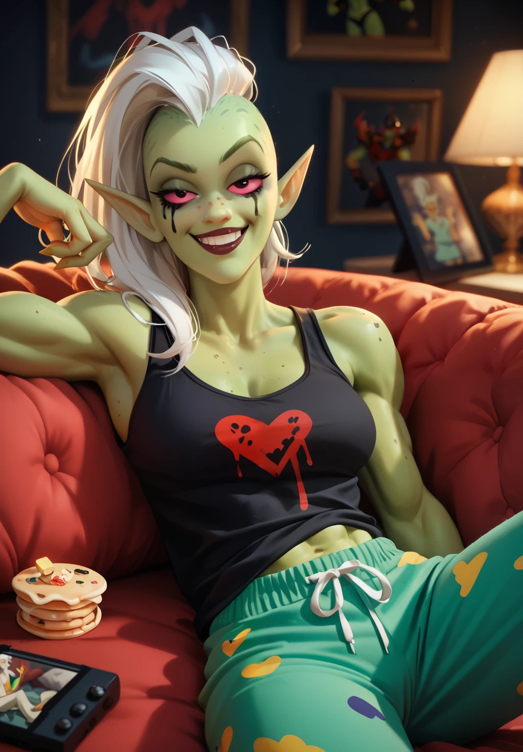 absurdres, masterpiece, 4k, extremely muscular goblin tomboy, brash, confident, horny, light green skin, pointy ears, smile, green eyes, in bedroom, short length messy green punk hair, small breasts, many tattoos, face tattoo, 1girl, solo, topless, aggressive stance, running toward camera, pov front, about to be tackled, running at viewer, motion blur, bouncing breasts, bouncing, motion, dynamic pose, action pose, cinematic still, running full speed, ready to tackle, ready to pounce, reaching out to viewer, arms outstretched, fast motion, action, pouncing, laughing, ready to have sex, passionate, erotic, fun