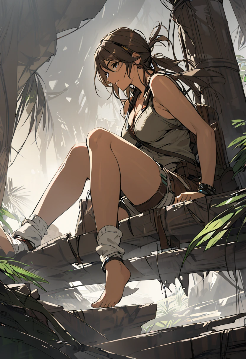 Lara Croft from the Tomb Raider,sitting showing your feet,barefoot,White socks