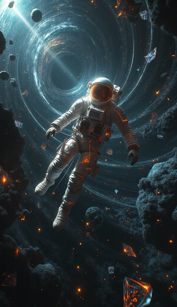 A surreal and emotional scene of an astronaut in freefall through a vast, multi-dimensional space. The astronaut’s worn spacesuit has cracks emitting glowing light and crystal shards. Surrounding them are shifting geometric patterns, spiraling beams of light, and dreamlike floating shapes, evoking a sense of impermanence and collapse.

In the background, a massive black void resembling a black hole radiates soft light, with thin glowing lines rapidly descending to emphasize extreme velocity. Floating fragments of broken technology, neon holographic symbols, and crystalline debris add a futuristic and spiritual atmosphere.

The color palette is dark and moody—deep black, metallic gray, and neon blue—contrasted with bursts of fiery orange and red. The scene conveys existential awe and the beauty of a decaying dream, inspired by 'Interstellar’s' five-dimensional space and sci-fi surrealism