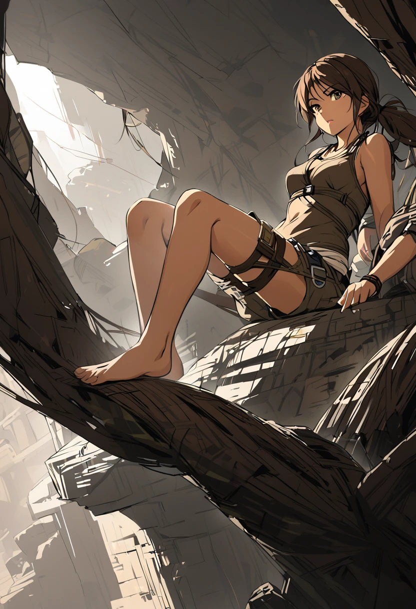 Lara Croft from the Tomb Raider,sitting showing your feet,barefoot,White socks