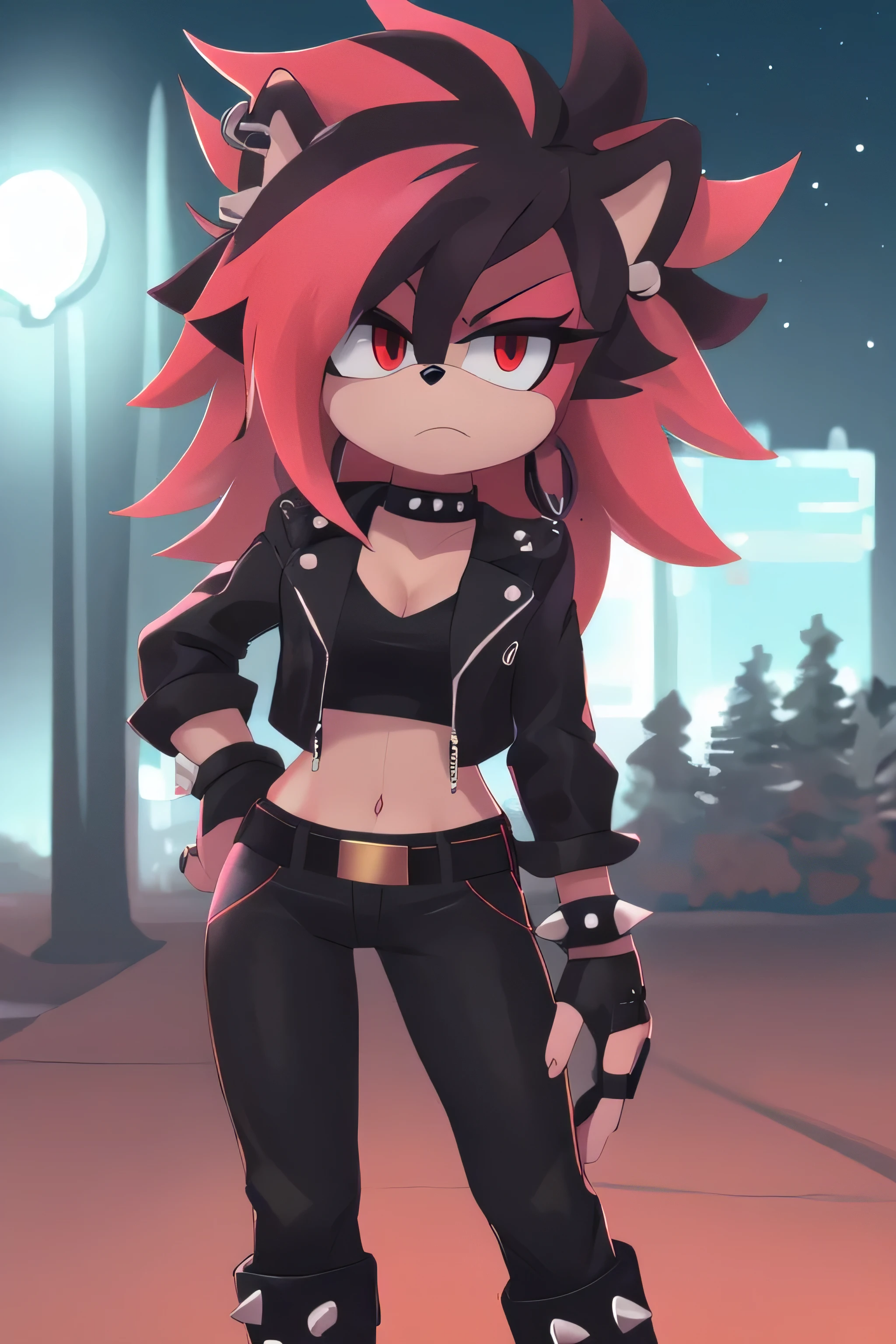 ((masterpiece)) ((UHD)) 4K, High detailed, Female anthropomorphic hedgehog, mobian, black fur, furry, Anime style art, Studio Quality, Atractive, gorgeous body, portrait, Best Quality, High resolution, breasts, midriff, multicolored hair black messy long Punk Hair with red highlights, long bangs, red eyes, purple eyeshadow, open black leather jacket, black cropped undershirt, belt, spike bracelets, black fingerless gloves, black choker, earrings, black leather pants,black and punk boots, frown, outdoors nighttime, Looking up at viewer