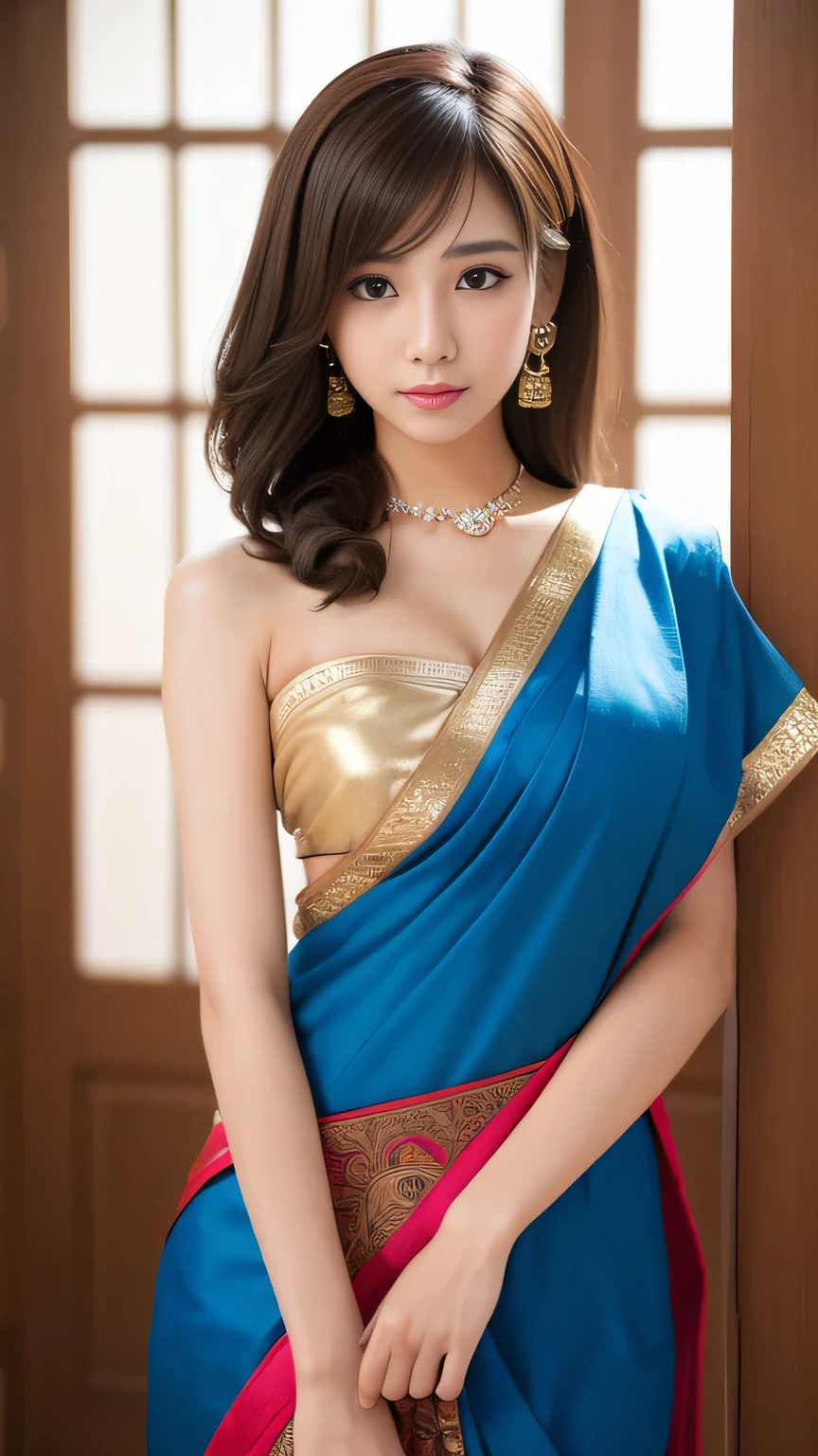Top image quality、8K、masterpiece:1.3))、Realistic high-quality photos、top-quality、girl cute-fine face、 beautiful Japan girl、Photo of slim model、Beautiful girl model、young japanese girl、Young cute face、japanaese girl、 female model、Beautiful Model Girl、The innocent look of the girl next door、lovely delicate face、Brown hair、Beautiful brown eyes、Tear bag、drooing eyes、young body、Designer Jewelry, Traditional saris of Cleopatra fabric from top to bottom, Full body camera weive beauty pose, prefect big size breast