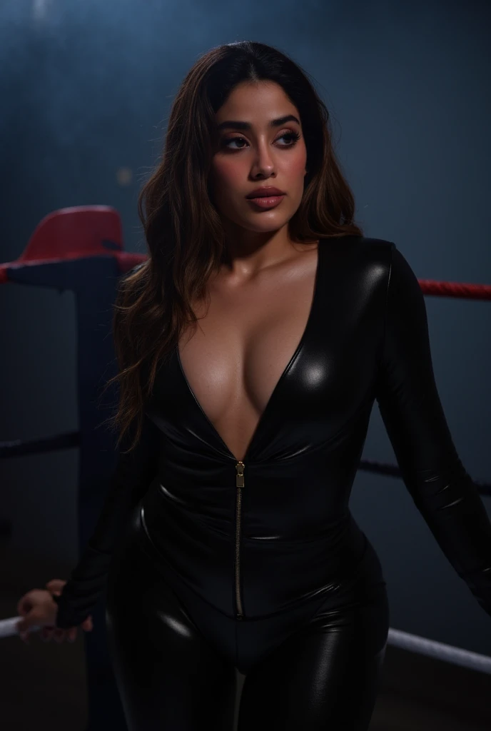 detailed photograph, 1 woman, standing in a wrestling ring, skin tight black latex suit, unzipped till navel from the front, deep cleavage, voluptuous breasts, seductive hot pose, ambient lighting