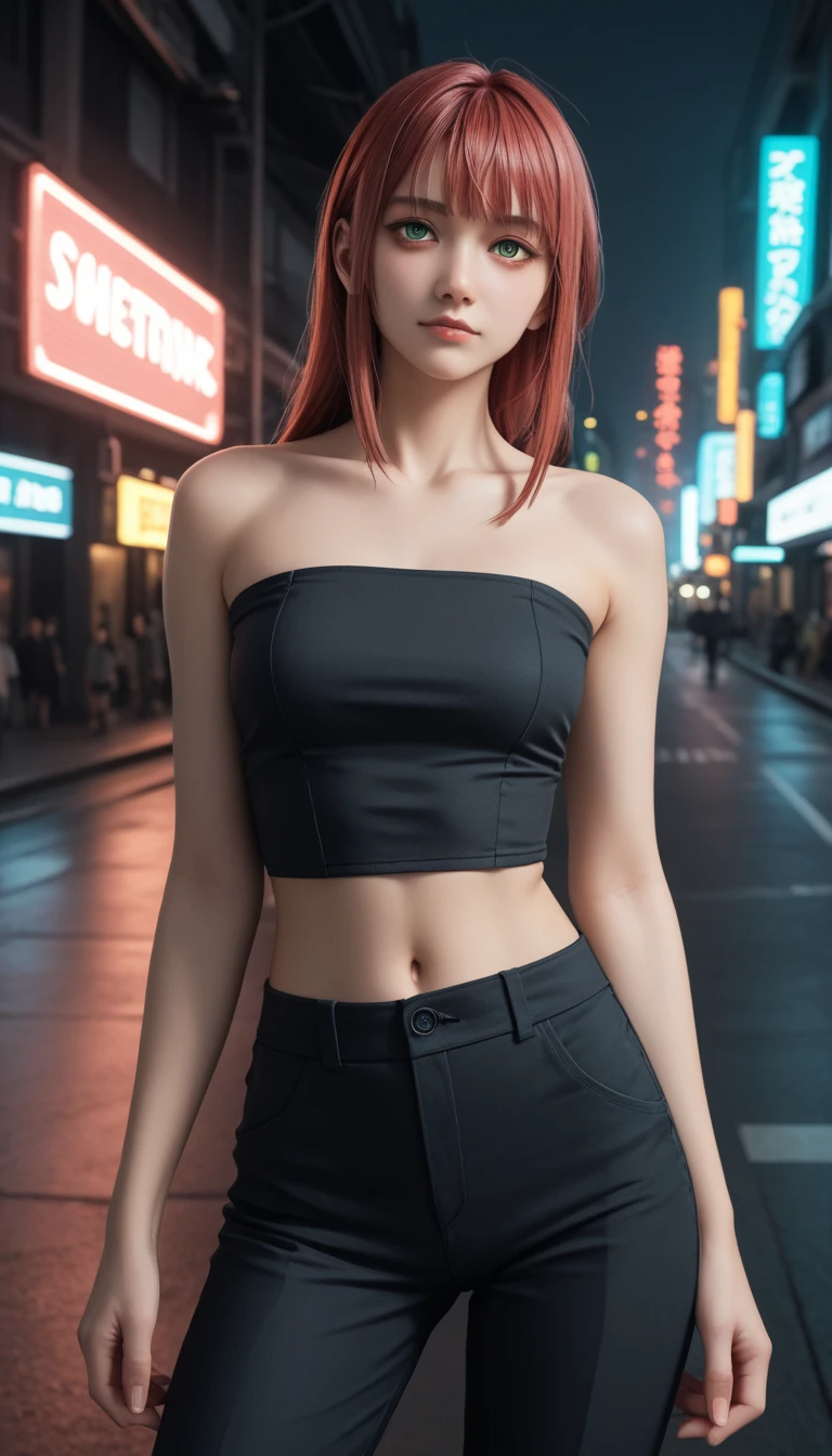      character clothes a detailed and beautiful portrait of a 16-year-old Japanese girl,    medium breasts, with healthy appearance , sexy expression,       tight clothing  , Bold pose,      detailed embroidery     ,  belly out , Tube top,    high quality, 8k,      realistic photo   ,     dramatic lighting ,      vivid colors     ,(     masterpiece     ,       top quality     ,  :1.2),  (    cyberpunk urban scene illuminated by neon lights    ), (Alone:1.4), (       Elegant and cool    ),      Bright neon details      :1.3), (   serious expression     :1.1) ,       Confident and relaxed poses        :1.3),    tight holographic pants or skirt for outdoor use    , (     dynamic lighting     ,   Strong contrast, bare arms, happiness, makima personagem de chainsawman,  long hair with 2 locks on your face ,  light red hair , clothing white shirt , black tie, black dress pants , 
