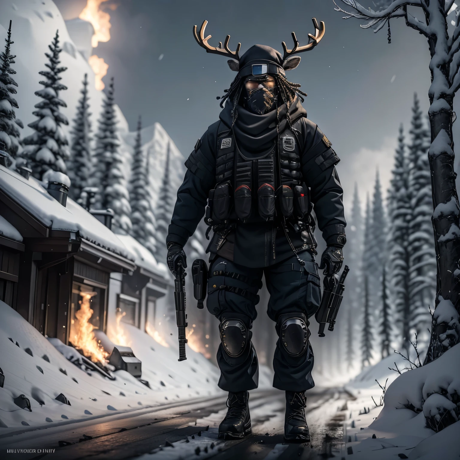 a strong powerful humanoid reindeer, (wild woolly dreadlocks hair), standing on a snowy road beside a late model black cadillac escalade, , oak trees and snowy ground, angry, half reindeer, large antlers, hooded puffer jacket, mercinary outfit, tactical gear, very strong, bulging muscles, masculine, (santa hat) alot of (tactical gear), mechanical parts, robotic machine parts, fuming angry, facing the viewer, facing the camera, looking at the viewer, 3/4 view stance, dreadlocks hair, glock handgun in hand, ballistic vest, fire blazing from handgun, ready to fight, android hybrid, cyborg, mechanical parts, mechanical panels on body, tubes attached to limbs, muscular, glowing high tech watch on wrist, detailed texture, cadillac escalade behind, ice all around, photorealistic, highly detailed, 8k, masterpiece, (best quality,4k,8k,highres,masterpiece:1.2),ultra-detailed,(realistic,photorealistic,photo-realistic:1.37),HDR,UHD,studio lighting,ultra-fine painting,sharp focus,physically-based rendering,extreme detail description,professional,vivid colors,bokeh,nature,wildlife,surreal,whimsical