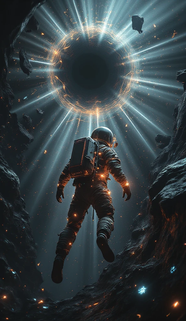 A surreal and emotional scene of an astronaut in freefall through a vast, multi-dimensional space. The astronaut’s worn spacesuit has cracks emitting glowing light and crystal shards. Surrounding them are shifting geometric patterns, spiraling beams of light, and dreamlike floating shapes, evoking a sense of impermanence and collapse.

In the background, a massive black void resembling a black hole radiates soft light, with thin glowing lines rapidly descending to emphasize extreme velocity. Floating fragments of broken technology, neon holographic symbols, and crystalline debris add a futuristic and spiritual atmosphere.

The color palette is dark and moody—deep black, metallic gray, and neon blue—contrasted with bursts of fiery orange and red. The scene conveys existential awe and the beauty of a decaying dream, inspired by 'Interstellar’s' five-dimensional space and sci-fi surrealism