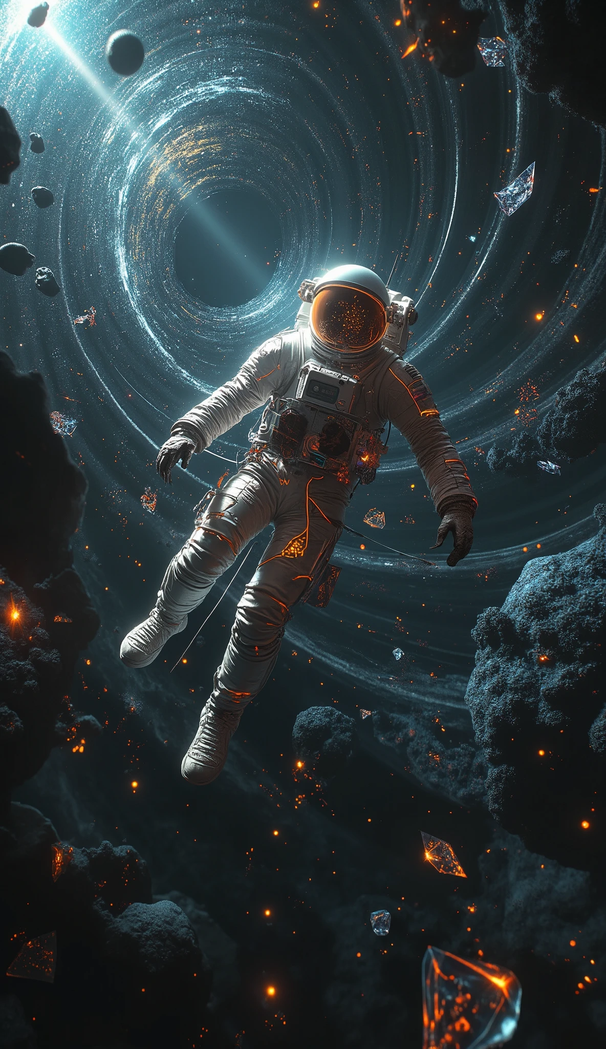 A surreal and emotional scene of an astronaut in freefall through a vast, multi-dimensional space. The astronaut’s worn spacesuit has cracks emitting glowing light and crystal shards. Surrounding them are shifting geometric patterns, spiraling beams of light, and dreamlike floating shapes, evoking a sense of impermanence and collapse.

In the background, a massive black void resembling a black hole radiates soft light, with thin glowing lines rapidly descending to emphasize extreme velocity. Floating fragments of broken technology, neon holographic symbols, and crystalline debris add a futuristic and spiritual atmosphere.

The color palette is dark and moody—deep black, metallic gray, and neon blue—contrasted with bursts of fiery orange and red. The scene conveys existential awe and the beauty of a decaying dream, inspired by 'Interstellar’s' five-dimensional space and sci-fi surrealism