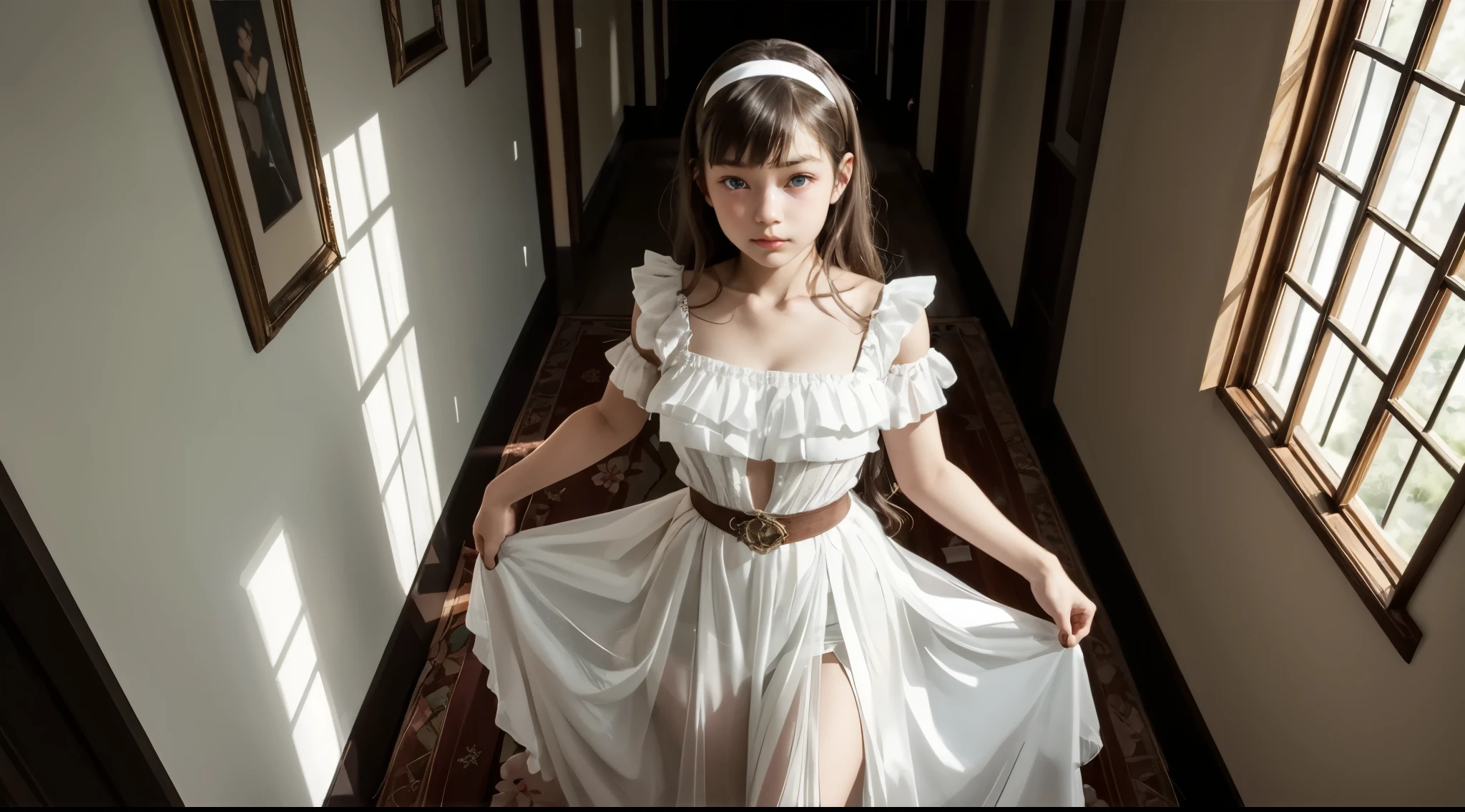 girl, from above, ruffle crop top, (young, , cute:1.8), breasts, shoulder, long hair, bangs, hairband with flower accent, looking at viewer, see-through long skirt, long sash belt, ribbon details, direct light, fine shadow, stunning portrait, sexy, queen, beautiful, hyper realistic, backlight, exqusite, seductive, interior, ornate,