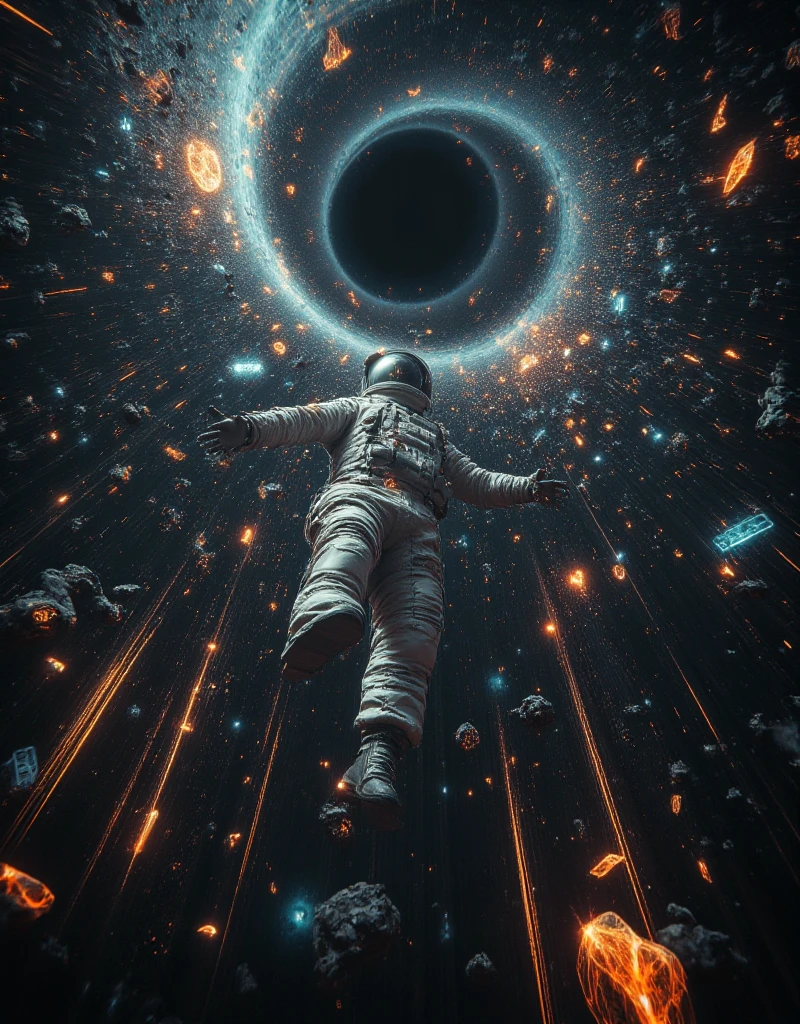 A surreal and emotional scene of an astronaut in freefall through a vast, multi-dimensional space. The astronaut’s worn spacesuit has cracks emitting glowing light and crystal shards. Surrounding them are shifting geometric patterns, spiraling beams of light, and dreamlike floating shapes, evoking a sense of impermanence and collapse. In the background, a massive black void resembling a black hole radiates soft light, with thin glowing lines rapidly descending to emphasize extreme velocity. Floating fragments of broken technology, neon holographic symbols, and crystalline debris add a futuristic and spiritual atmosphere. The color palette is dark and moody—deep black, metallic gray, and neon blue—contrasted with bursts of fiery orange and red. The scene conveys existential awe and the beauty of a decaying dream, inspired by 'Interstellar’s' five-dimensional space and sci-fi surrealism