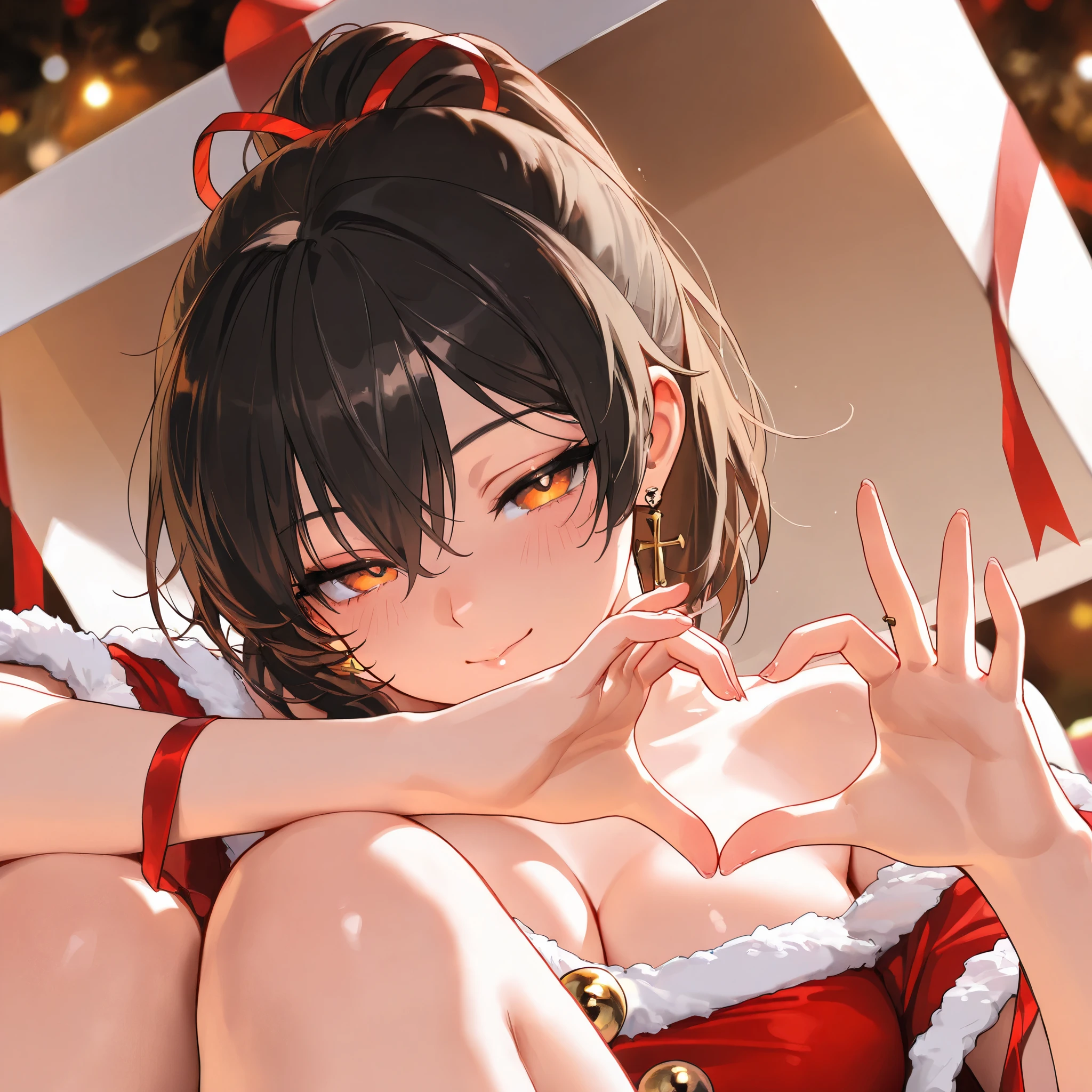 portrait, heart gesture pose, christmas theme, santa costume, cute girl, solo, short hair, ponytail hair, Black hair with brown ends, orange eyes, large breasts, cross Pierced earrings, blush, flawless smooth skin, looking at viewer, half closed eyes, (best quality,4k,8k,highres,masterpiece:1.2),ultra-detailed,intricate details, high fashion, dramatic lighting, warm colors, chiaroscuro, gift box, jingle bell, open box, sitting, Get your feet out of the box