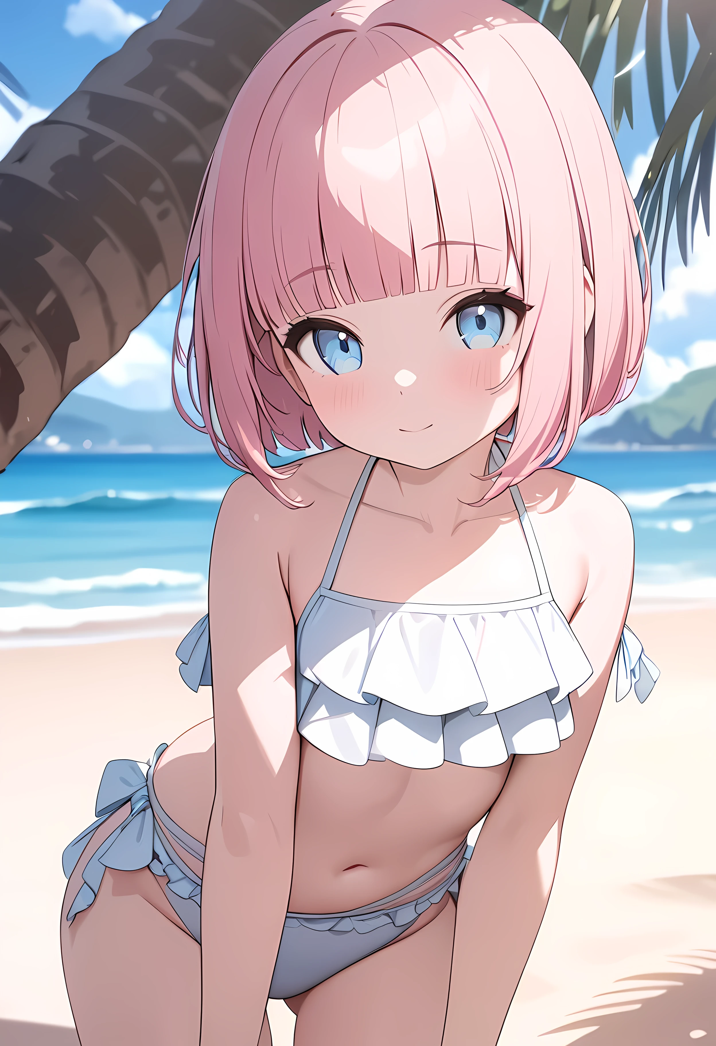 (ultra-detailed:1.5),( cute girl,li:1.4),( swimsuit),(cute light blue eyes ),( pink hair, bob hair,blunt bangs:1.1),Big thighs, Beach , cowboy shot,(8k, best quality, masterpiece, clear, ultra high res, super detail, accurate, high details, highres icon,,Detailed face)