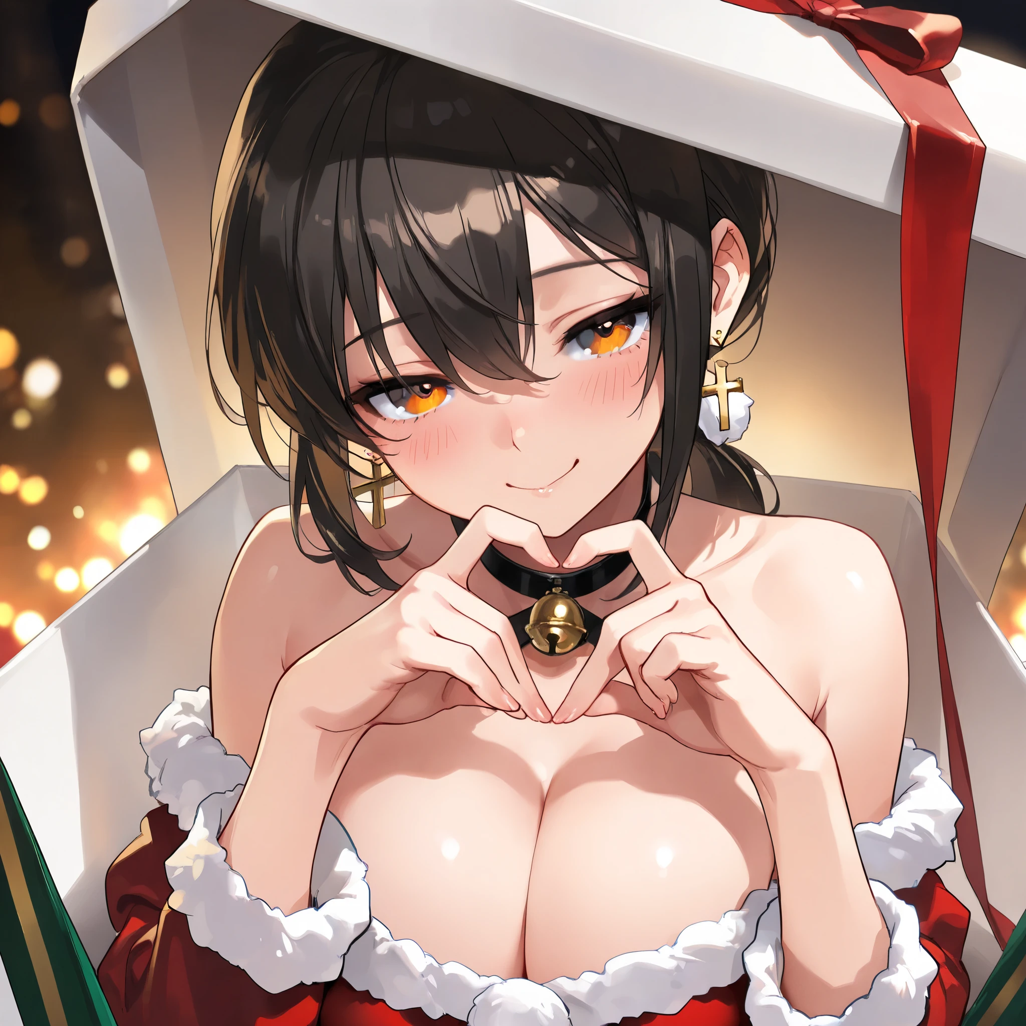 portrait, finger heart gesture pose, christmas theme, santa costume, cute girl, solo, short hair, ponytail hair, Black hair with brown ends, orange eyes, large breasts, cross Pierced earrings, blush, flawless smooth skin, looking at viewer, fullblush, Shy smile, half closed eyes, head tilt, (best quality,4k,8k,highres,masterpiece:1.2),ultra-detailed,intricate details, high fashion, dramatic lighting, warm colors, chiaroscuro, gift box, jingle bell, open box, sitting