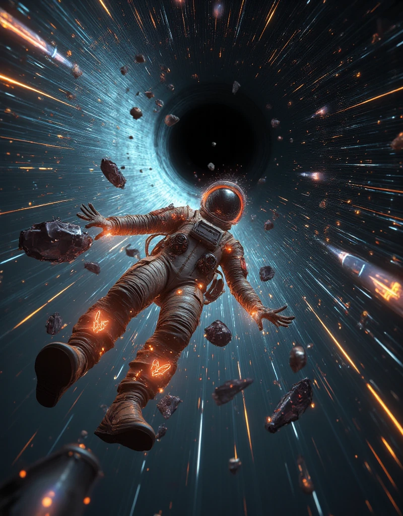 A surreal and emotional scene of an astronaut in rapid freefall, plummeting through a vast, multi-dimensional void. The astronaut’s body appears weightless yet stretched by velocity, with cracks in their worn spacesuit emitting glowing light and crystal shards bursting outward. Surrounding them are spiraling beams of light, streaking lines, and shifting geometric shapes that elongate and blur, emphasizing the intense speed of descent.

The background features a massive, dark black hole-like void radiating a faint glow. Streams of thin, glowing lines rush vertically past the astronaut, creating a tunnel-like effect that amplifies the sensation of extreme acceleration. Floating debris—broken technological fragments, neon-lit holographic symbols, and crystalline shards—move chaotically, caught in the pull of gravity.

The color palette is dark and atmospheric—deep blacks, metallic grays, and neon blues—punctuated by fiery oranges and reds. The visual conveys a dreamlike collapse of reality, blending sci-fi surrealism with existential awe, inspired by concepts of freefalling through space-time and scenes from 'Interstellar’s' five-dimensional space