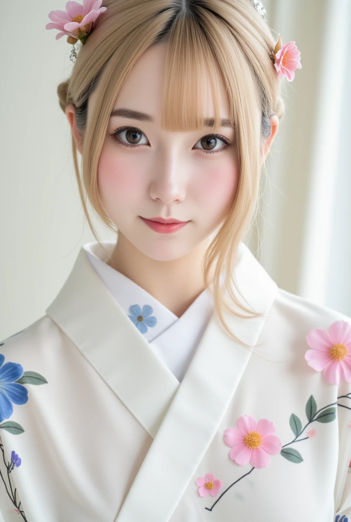  top quality 、masterpiece、 high definition 、８ｋ、 beautiful women、 blondes、 one eye is hidden by hair、Beautiful floral hair ornament、Yukata、 camellia pattern on white background 、 Wabi Sabi Art 、tasteful art 、 fantastic garden background 、 Japanese Garden