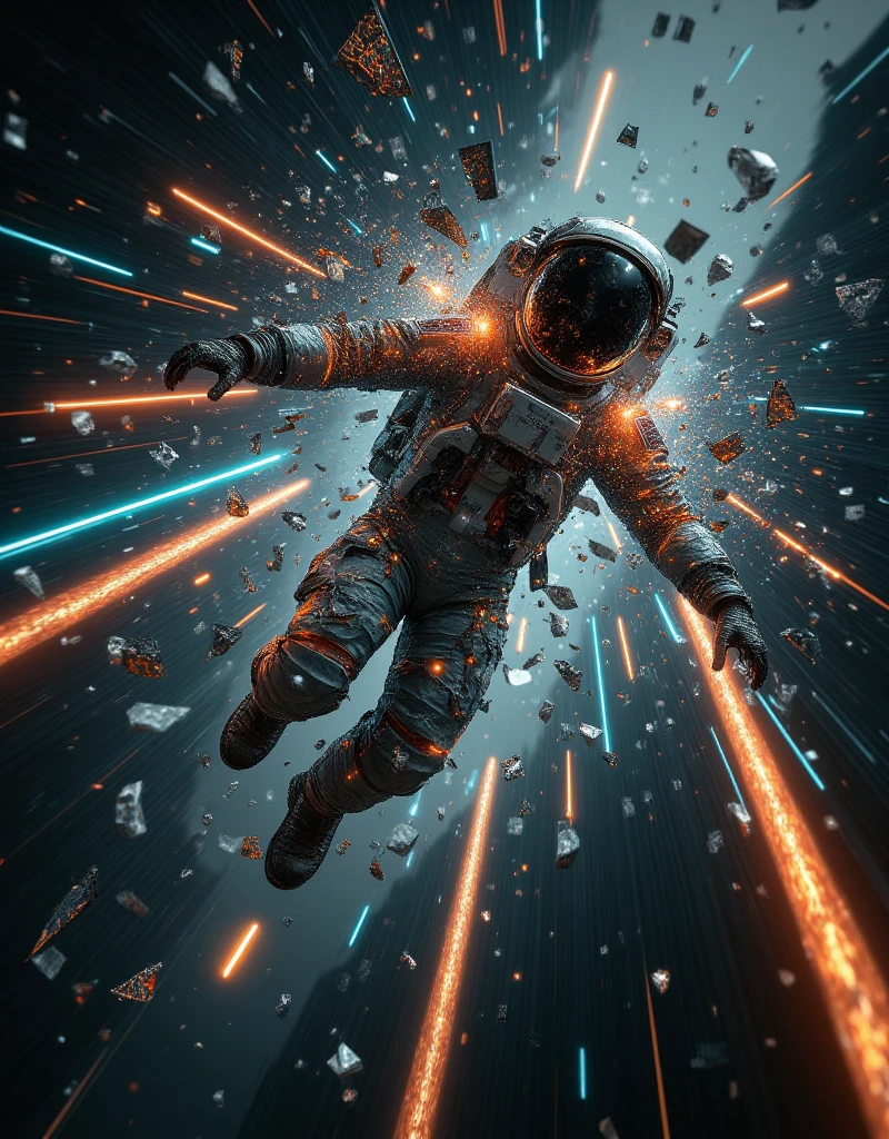 A surreal and emotional scene of an astronaut in rapid freefall, plummeting through a vast, multi-dimensional void. The astronaut’s body appears weightless yet stretched by velocity, with cracks in their worn spacesuit emitting glowing light and crystal shards bursting outward. Surrounding them are spiraling beams of light, streaking lines, and shifting geometric shapes that elongate and blur, emphasizing the intense speed of descent.

The background features a massive, dark black hole-like void radiating a faint glow. Streams of thin, glowing lines rush vertically past the astronaut, creating a tunnel-like effect that amplifies the sensation of extreme acceleration. Floating debris—broken technological fragments, neon-lit holographic symbols, and crystalline shards—move chaotically, caught in the pull of gravity.

The color palette is dark and atmospheric—deep blacks, metallic grays, and neon blues—punctuated by fiery oranges and reds. The visual conveys a dreamlike collapse of reality, blending sci-fi surrealism with existential awe, inspired by concepts of freefalling through space-time and scenes from 'Interstellar’s' five-dimensional space