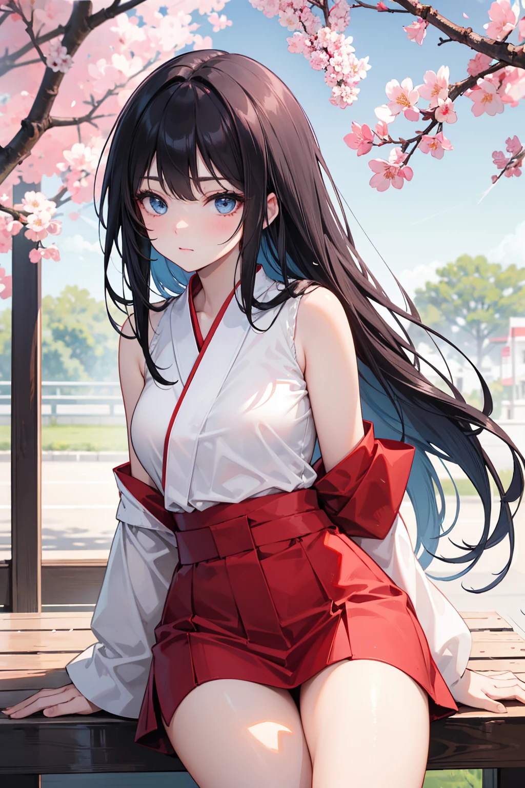 high resolution、sexy、black long hair、center division、(Background Senbon cherry blossom trees)