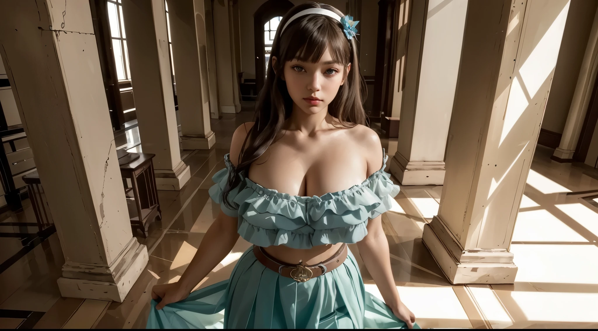 girl, from above, ruffle crop top, (gigantic breasts), shoulder, long hair, bangs, hairband with flower accent, looking at viewer, see-through long skirt, long sash belt, ribbon details, direct light, fine shadow, stunning portrait, sexy, queen, beautiful, hyper realistic, backlight, exqusite, seductive, interior, ornate,