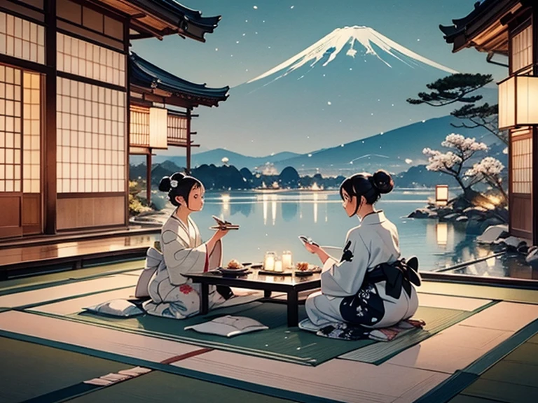 Two women sit on their calves, facing each other on tatami mats in an open rooftop area. They are dressed in luxurious yukata adorned with intricate gold and silver thread details, with their hair styled in elegant Japanese princess buns decorated with diamond and jade ornaments. Engaged in a traditional green tea ceremony, they use authentic Japanese cups. There is small japanese coffee table between them. In the background, Mount Fuji stands with its snowy peak, illuminated by the bright full moon. Snowflakes begin to fall, lightly scattering across the table, floor, and a bonsai tree in a nearby pot.

There are a few colourful lantern with lit candle in them that illuminates the area creating a serene, tranquil, and otherwordly.