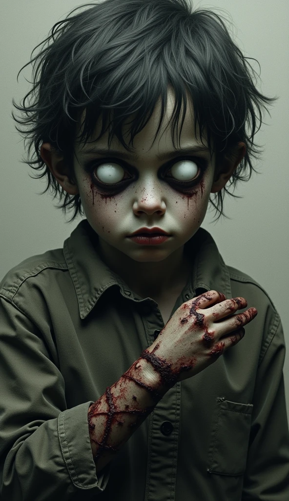 Child boy with black hair and blue eyes,in bunny print pajamas,face covered in blood,smiling at camera