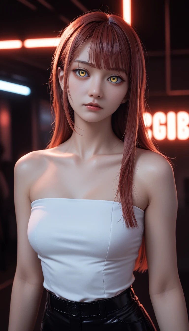        detailed and beautiful portrait of a  Japanese girl,      medium breasts, with healthy appearance , sexy expression,        tight clothing  , Bold pose, Tube top,      high quality, 8k,        realistic photo     ,       dramatic lighting ,        vivid colors       ,(       masterpiece       ,         top quality       ,  :1.2),  (      cyberpunk urban scene illuminated by neon lights      ), (Alone:1.4), (         Elegant and cool      ),        Bright neon details        :1.3), (     serious expression       :1.1) ,         Confident and relaxed poses          :1.3)   , (       dynamic lighting       ,   Strong contrast, bare arms, makima personagem de chainsawman,  long hair with 2 locks on the face   ,    light red hair , white shirt , black tie,   black pants   ,  yellow-eyed, black suit
