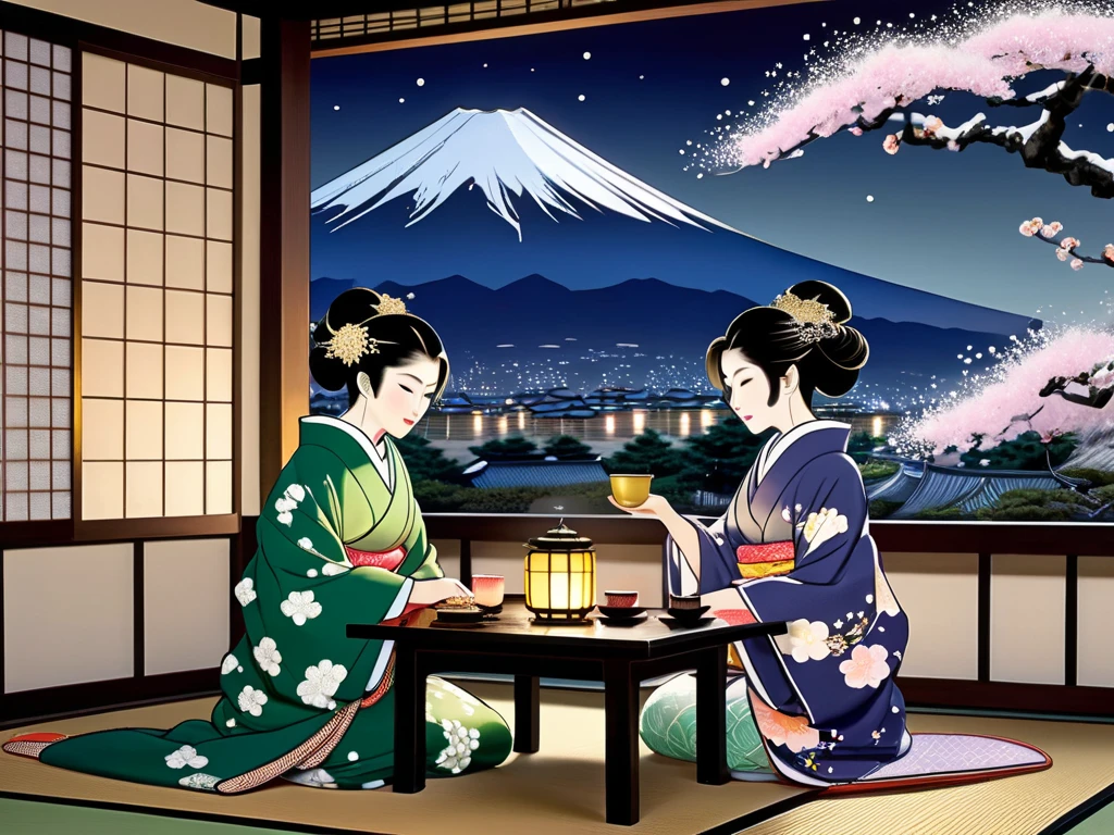 Two women sit on their calves, facing each other on tatami mats in an open rooftop area. They are dressed in luxurious yukata adorned with intricate gold and silver thread details, with their hair styled in elegant Japanese princess buns decorated with diamond and jade ornaments. Engaged in a traditional green tea ceremony, they use authentic Japanese cups. There is small japanese coffee table between them. In the background, Mount Fuji stands with its snowy peak, illuminated by the bright full moon. Snowflakes begin to fall, lightly scattering across the table, floor, and a bonsai tree in a nearby pot.

There are a few colourful lantern with lit candle in them that illuminates the area creating a serene, tranquil, and otherwordly.