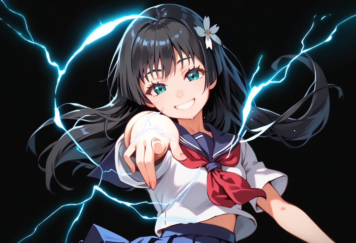 saten ruiko, black hair, blue eyes, long hair, hair ornament, flower ornament,blue skirt, pleated skirt, sakugawa school uniform, school uniform, serafuku, skirt, summer uniform,,score_9, score_8_up, score_7_up, ,perfect hands, perfect finger,perfect anatomy, masterpiece, best quality,realistic, hyperrealistic, 16k hdr,1 mature female,black background,sweat,(pointing electricity:1.2), facing viewer, looking at the viewer, electricity, electrokinesis,(happy smile:1.5),(strong wind:1.3),(tilt head:1.5),(aura:1.5)