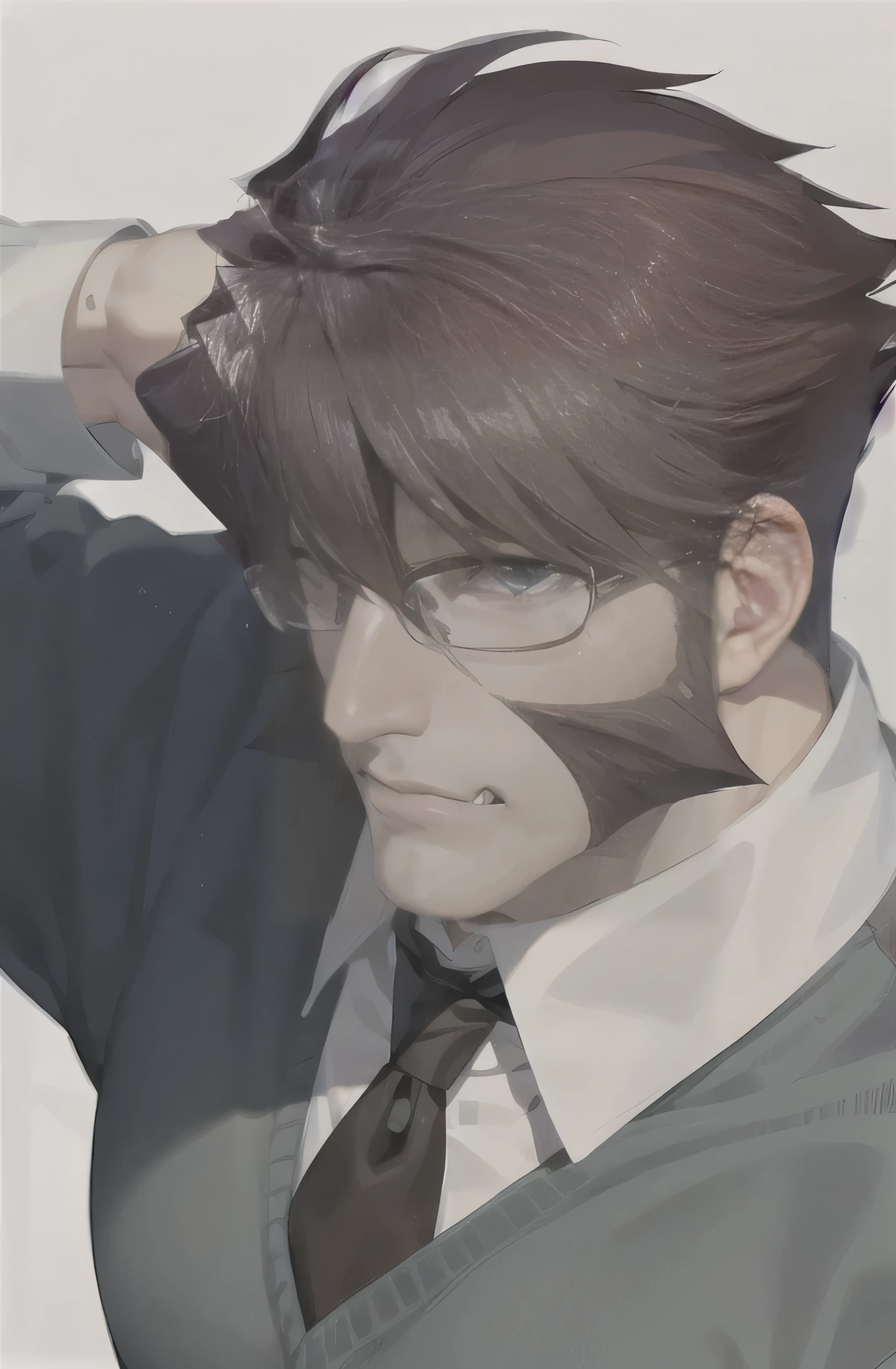 The man is looking at the camera, middle-aged man, Handsome， glasses,Crimson hair ,Tough appearance，Tall and mighty，Sense of Justice , male focus,Room Background,肌肉男,strong,masterpiece,  best quality,   1 boy,  male focus,  Unique ,  glasses,teeth,tie,  Strong, Short hair,   blue eyes, Strong male, beard, casual outfit 