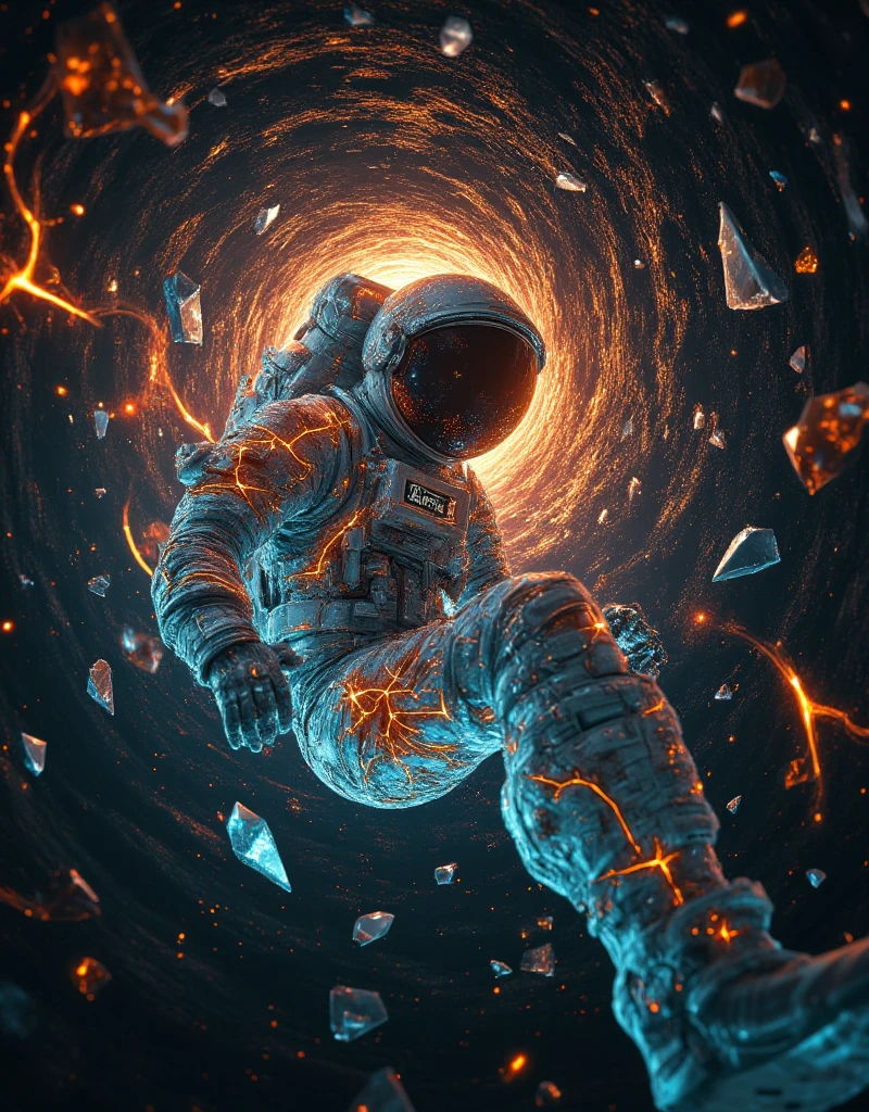 An astronaut in rapid freefall, plummeting through a chaotic, multi-dimensional void. The astronaut’s body appears distorted by extreme speed, arms outstretched and legs bent, as if struggling against the force. The spacesuit is cracked, with glowing fissures spilling out orange and blue crystalline shards and fragments of shattered light. Debris of broken spacecraft panels, floating metallic structures, and sharp-edged neon holograms twist chaotically around the astronaut, as if being pulled into a collapsing singularity.

Surrounding the scene, streaks of orange and blue energy beams cut through the darkness, converging into a tunnel-like vortex that radiates the sensation of acceleration. Scattered geometric shapes—pulsing and glitching in and out of existence—appear in varying sizes, resembling fractal patterns or data structures. Spiraling, glowing rings of light form ephemeral halos that quickly dissipate, enhancing the dreamlike atmosphere.

Hints of Chinese-inspired futuristic symbols—floating translucent calligraphy, softly glowing lantern-like elements, and fragmented architecture—drift like remnants of a forgotten culture, blending seamlessly with sci-fi aesthetics. The background looms with a massive black hole-like void, its gravitational pull distorting time and space, surrounded by faintly glowing cracks of light as reality fractures. Tiny particles of light and dust swirl violently, drawn toward the event horizon, creating depth and dynamic motion.

The color palette is dominated by deep blacks, glowing electric blues, and fiery oranges, contrasted with subtle reflections of chrome and silver. The visual conveys an overwhelming sense of chaos, beauty, and existential collapse, with dreamlike and sci-fi surrealist elements inspired by 'Interstellar,' black holes, and fractal universes